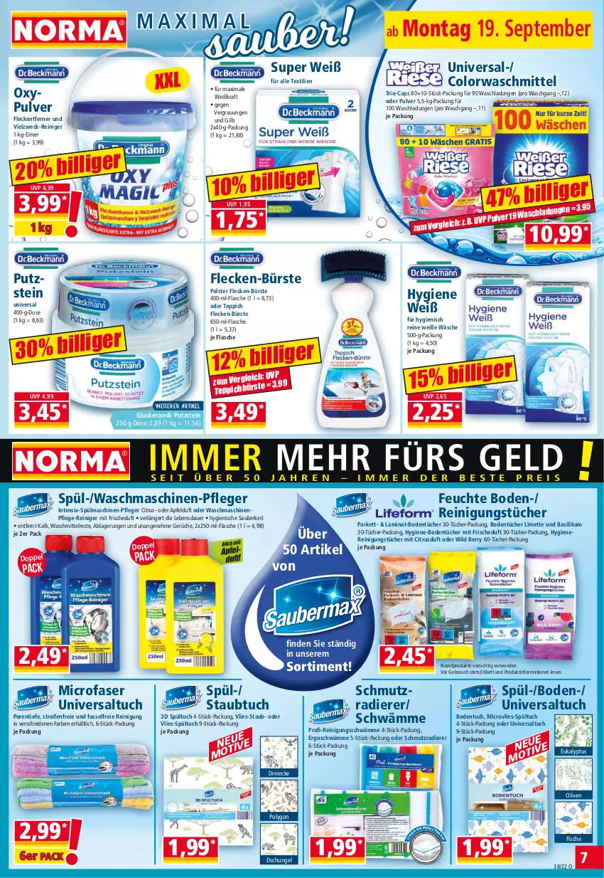 Aktueller Prospekt Norma - Norma - von 19.09 bis 26.09.2022 - strona 7 - produkty: apfel, auer, basilikum, bio, biozidprodukte, Bodentücher, bürste, Cap, citrus, colorwaschmittel, eimer, fisch, fische, flasche, fleckentferner, glaskeramik, kraft, laminat, limette, Mett, olive, oliven, Rauch, reifen, reiniger, Reinigung, reinigungstücher, rwe, spülmaschinen, teppich, Ti, tuc, tücher, waschmaschine, waschmaschinen, waschmittel, weck, Wild, wild berry