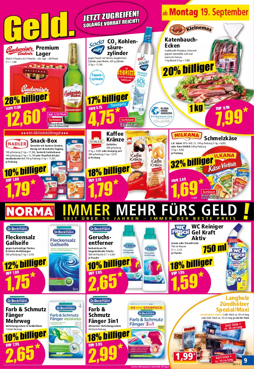 Aktueller Prospekt Norma - Norma - von 19.09 bis 26.09.2022 - strona 9 - produkty: aktionspreis, Bau, beutel, cocktail, cocktails, eis, elle, fisch, flasche, garnelen, hering, Holz, HP, kaffee, Käse, käse vielfalt, kraft, kühlregal, nuss, regal, reiniger, reiniger gel, reis, rezept, ring, rwe, sahne, salat, salz, sauce, Schmelzkäse, Seife, snack, Spezi, Sprudel, thunfisch, Ti, verfärbungsschutz, wasser, ZTE