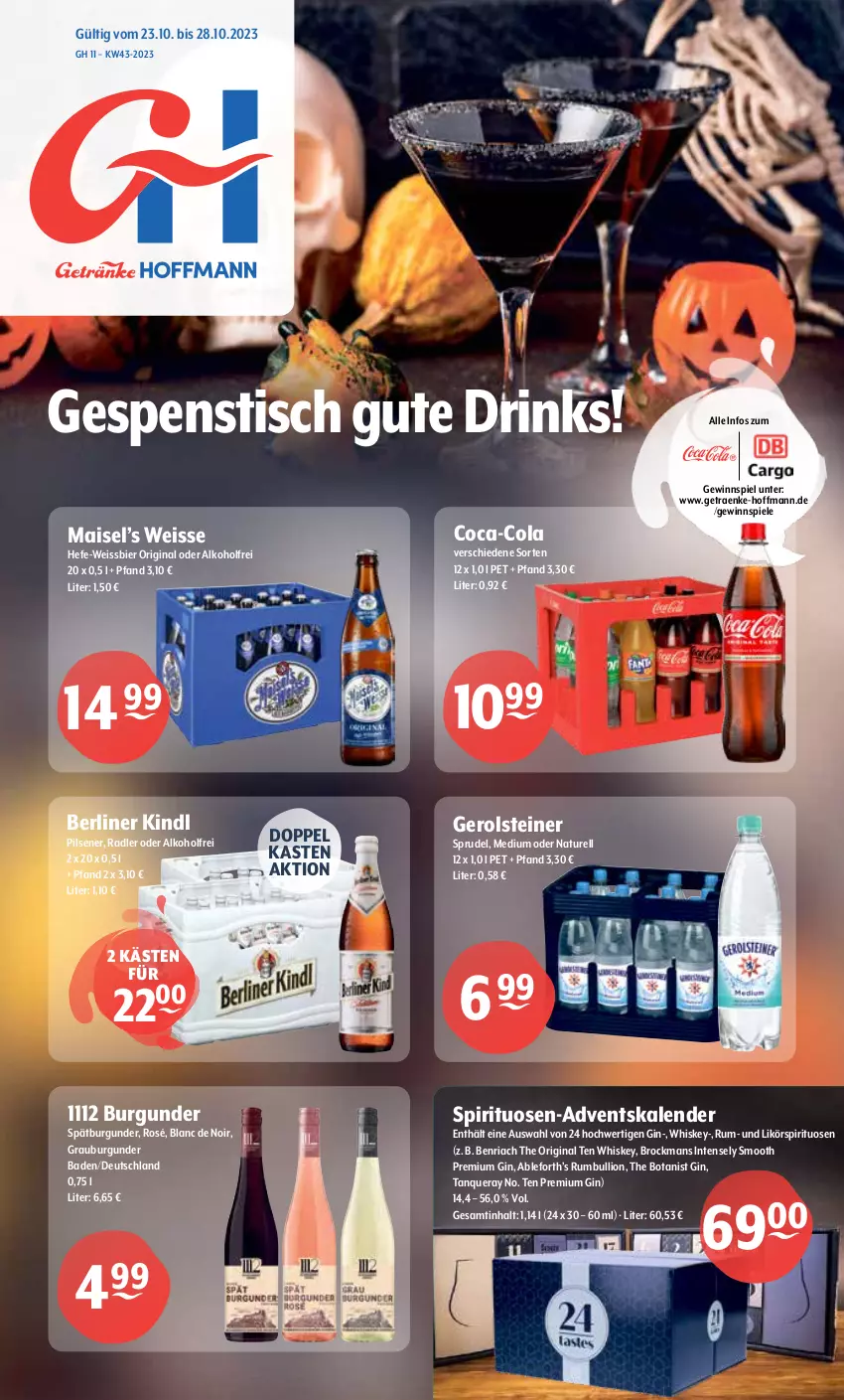 Aktueller Prospekt Getraenke Hoffmann - Prospekte - von 23.10 bis 28.10.2023 - strona 1 - produkty: Adventskalender, alkohol, Bad, BenRiach, berliner, berliner kindl, bier, Brock, burgunder, coca-cola, cola, drink, drinks, eis, gerolsteine, gerolsteiner, gewinnspiel, gin, grauburgunder, Hefe, likör, lion, mais, natur, pils, pilsener, radler, rel, Ria, rum, spätburgunder, Spiele, spirituosen, Sprudel, steiner, Tanqueray, Ti, tisch, weissbier, whiskey