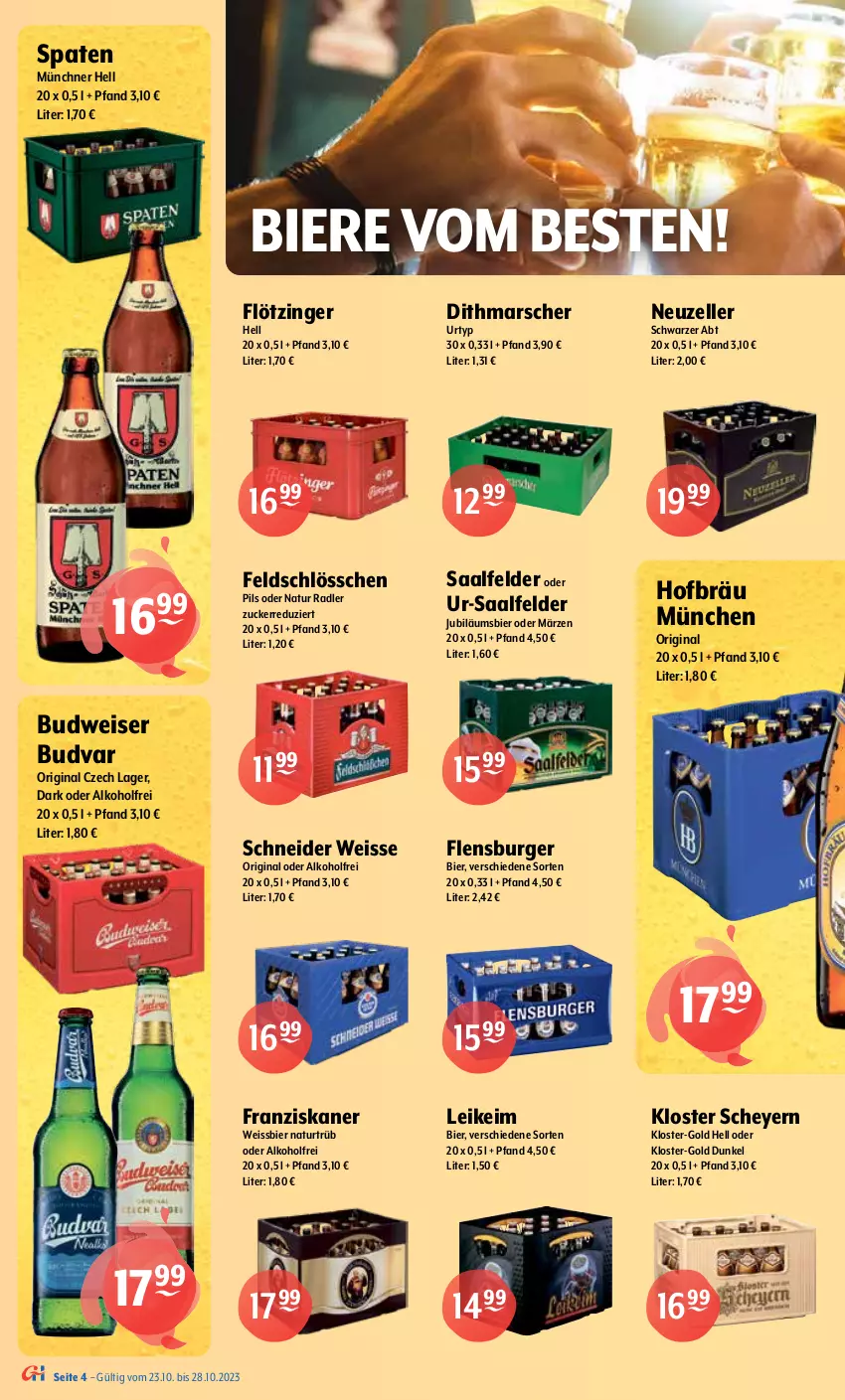 Aktueller Prospekt Getraenke Hoffmann - Prospekte - von 23.10 bis 28.10.2023 - strona 4 - produkty: aktionspreis, alkohol, auer, bier, Biere, bitburger, budweiser, burger, eis, elle, erdinger, flensburger, franziskaner, getränk, getränke, gewinnspiel, gin, jever, Jubiläums, krombache, krombacher, mars, natur, natur radler, oder radler, Paula, paulaner, pils, pilsener, pilsner, premium pils, radler, reis, Rostocker, Saalfelder, Schultheiss, Spaten, Spiele, Sternburg, Ti, urtyp, weissbier, Zipfer, zucker