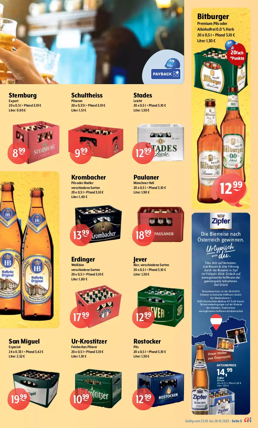 Aktueller Prospekt Getraenke Hoffmann - Prospekte - von 23.10 bis 28.10.2023 - strona 5 - produkty: aktionspreis, alkohol, auer, bier, Biere, bitburger, budweiser, burger, eis, elle, erdinger, flensburger, franziskaner, getränk, getränke, gewinnspiel, gin, jever, Jubiläums, krombache, krombacher, mars, natur, natur radler, oder radler, Paula, paulaner, pils, pilsener, pilsner, premium pils, radler, reis, Rostocker, Saalfelder, Schultheiss, Spaten, Spiele, Sternburg, Ti, urtyp, weissbier, Zipfer, zucker