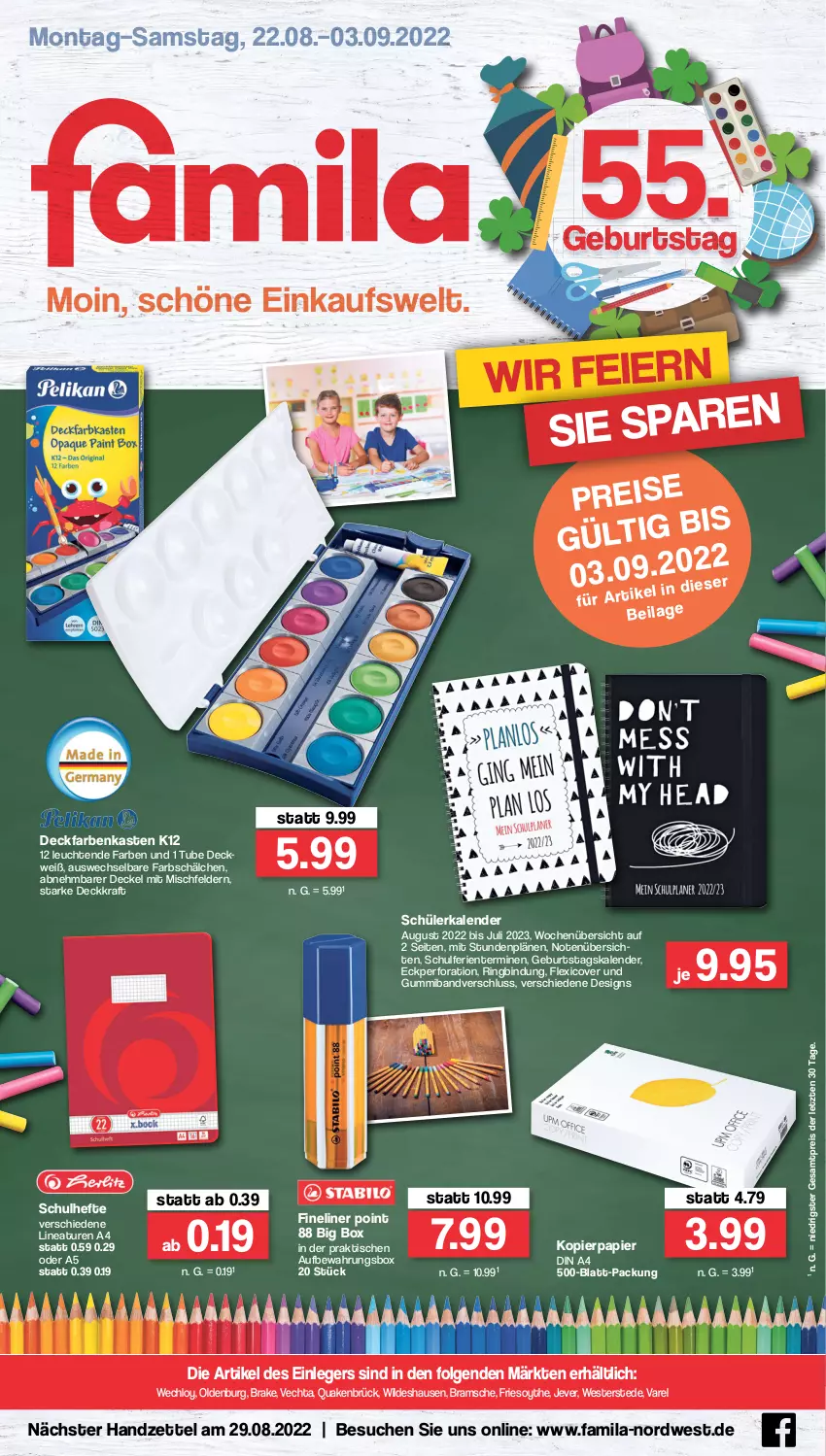 Aktueller Prospekt Famila - Prospekte - von 22.08 bis 03.09.2022 - strona 1 - produkty: aufbewahrungsbox, decke, Deckel, din a4, eier, eis, ente, Fineliner, Hefte, jever, kopierpapier, kraft, Leuchte, leuchten, LG, papier, reis, rel, ring, Ti, tisch, Weste, Wild, ZTE