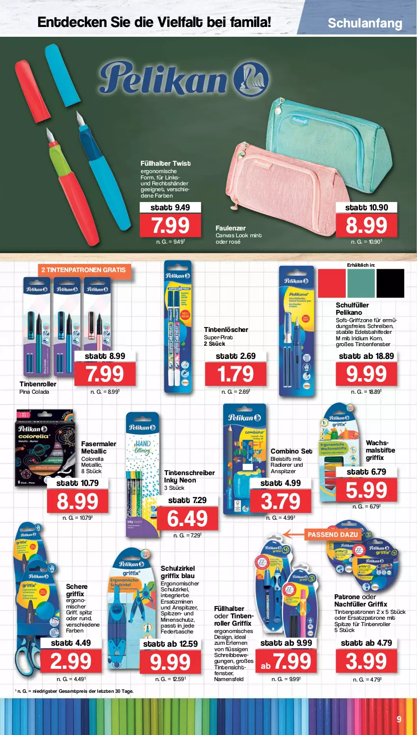 Aktueller Prospekt Famila - Prospekte - von 22.08 bis 03.09.2022 - strona 9 - produkty: Bleistift, cola, decke, edelstahl, eis, fasermaler, fenster, Füllhalter, korn, mint, pelikan, reis, rel, Roller, Schere, stifte, Tasche, Ti, Tintenlöscher, Tintenpatrone, ZTE