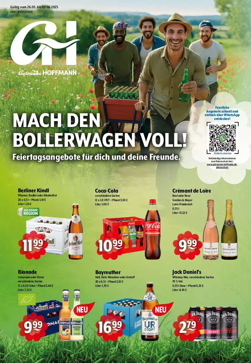 Aktueller Prospekt Getraenke Hoffmann - Prospekte - von 26.05 bis 07.06.2025 - strona 1 - produkty: alkohol, angebot, angebote, berliner, berliner kindl, bier, bio, bionade, bollerwagen, brut, coca-cola, cola, crémant de loire, decke, eier, eis, eistee, Hefe, jack daniel, Jack Daniel’s, limo, limonade, mac, pils, pilsener, radler, tee, Ti, weissbier, whiskey