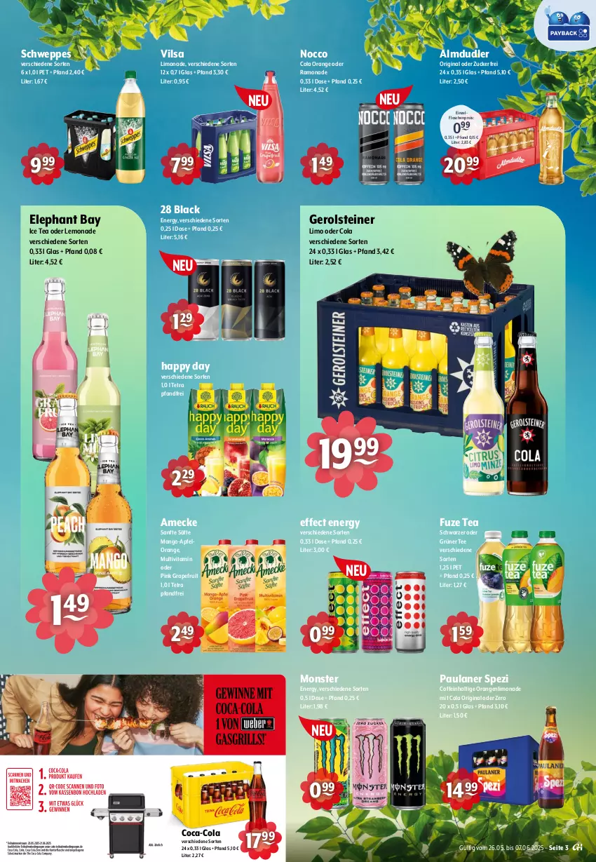 Aktueller Prospekt Getraenke Hoffmann - Prospekte - von 26.05 bis 07.06.2025 - strona 3 - produkty: almdudler, amecke, apfel, coca-cola, coffein, cola, Effect, eis, Elephant Bay, flasche, fuze tea, gerolsteine, gerolsteiner, gin, grapefruit, grüner tee, Happy Day, ice tea, lack, lemonade, limo, limonade, mango, monster, orange, orangen, Paula, paulaner, reis, säfte, schweppes, Spezi, steiner, tee, Ti, vilsa, vita, zucker