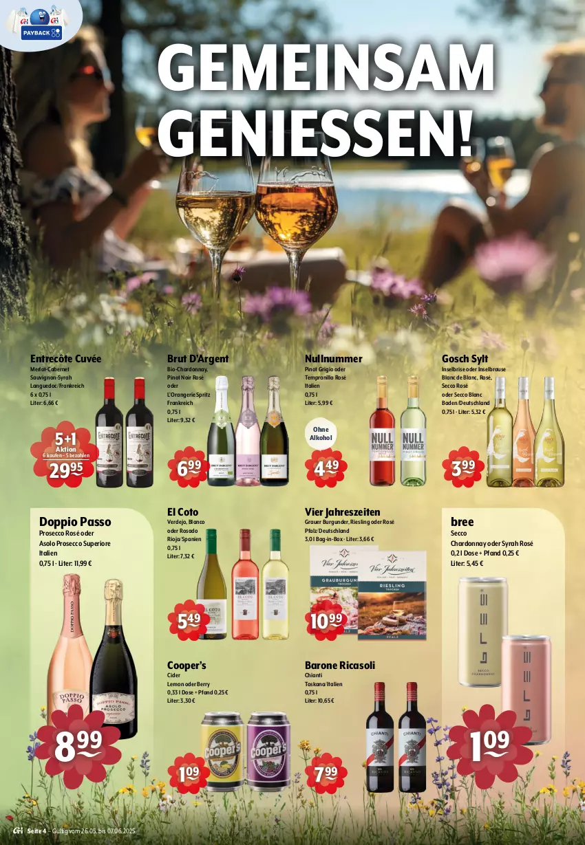 Aktueller Prospekt Getraenke Hoffmann - Prospekte - von 26.05 bis 07.06.2025 - strona 4 - produkty: alkohol, auer, Bad, bag-in-box, bio, brause, bree, brut, burgunder, cabernet, cabernet sauvignon, chardonnay, chia, chianti, cider, cuvée, doppio passo, ecco, entrecôte, erde, grauer burgunder, merl, merlot, ohne alkohol, orange, passo, Pinot, pinot grigio, pinot noir, prosecco, riesling, rioja, sauvignon, tempranillo, Ti