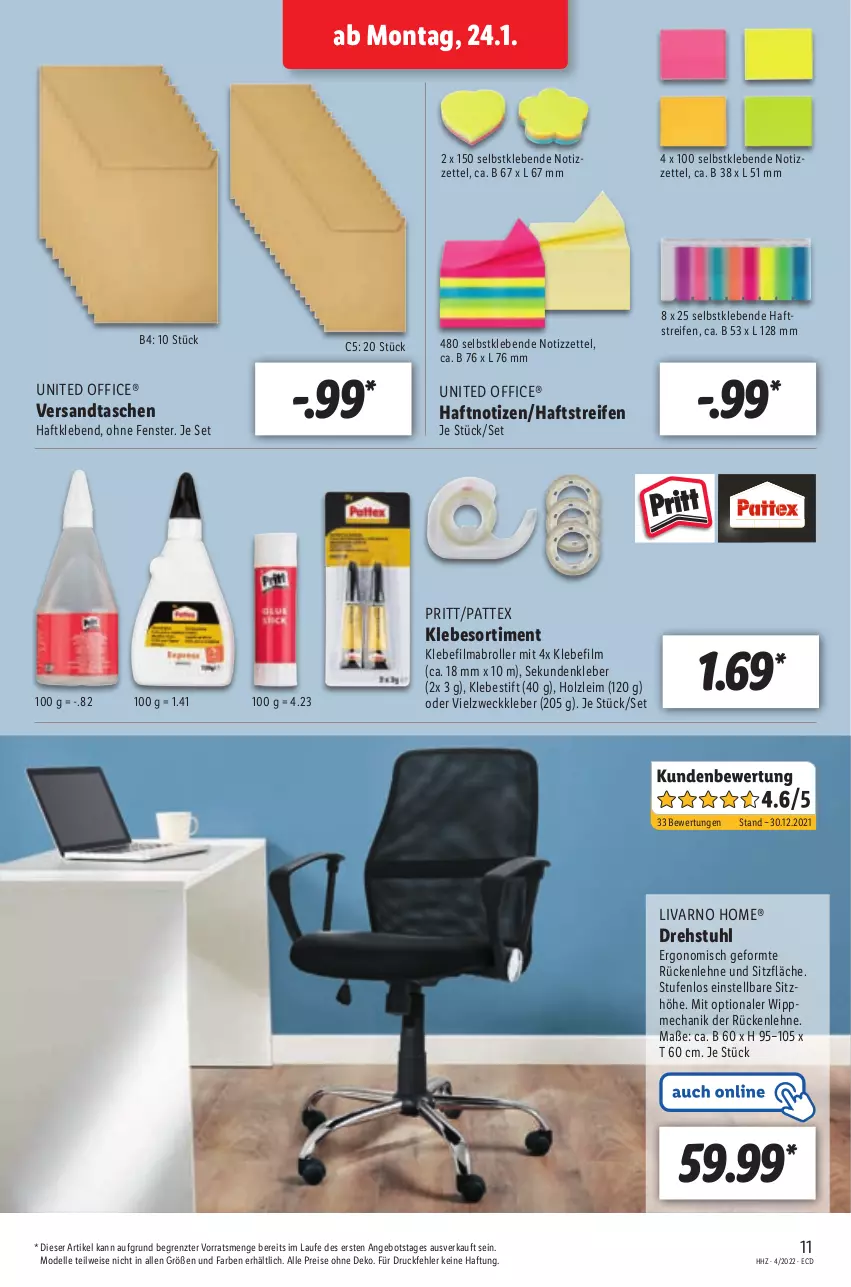 Aktueller Prospekt Lidl - Aktionsprospekt - von 24.01 bis 29.01.2022 - strona 11 - produkty: angebot, dell, drehstuhl, eis, elle, fenster, Holz, kleber, mab, Mode, office, pattex, pritt, reifen, reis, Roller, stuhl, Tasche, taschen, Ti, weck, ZTE