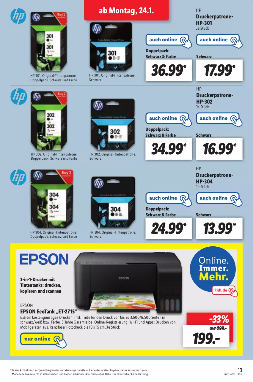 Aktueller Prospekt Lidl - Aktionsprospekt - von 24.01 bis 29.01.2022 - strona 13 - produkty: angebot, dell, drucker, eis, elle, epson, gin, HP, LG, Mode, reis, Ti, Tintenpatrone, ZTE