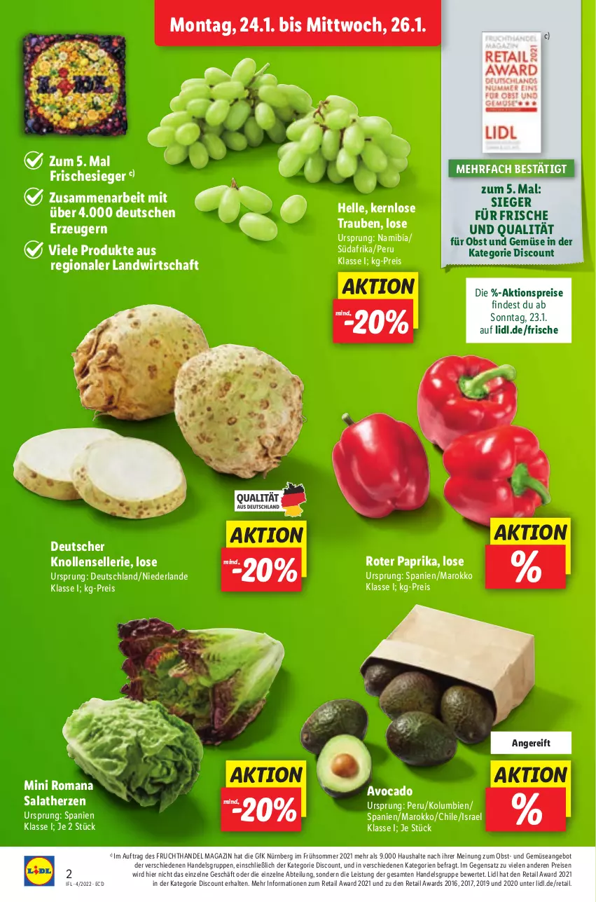 Aktueller Prospekt Lidl - Aktionsprospekt - von 24.01 bis 29.01.2022 - strona 2 - produkty: Abtei, aktionspreis, angebot, avocado, discount, eis, elle, frucht, magazin, obst, Obst und Gemüse, paprika, reis, salat, salatherzen, Ti, trauben, und gemüse