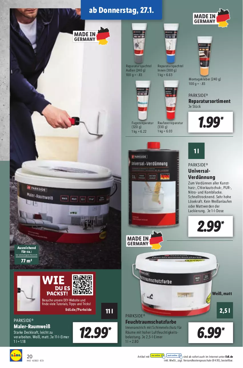 Aktueller Prospekt Lidl - Aktionsprospekt - von 24.01 bis 29.01.2022 - strona 20 - produkty: eimer, erde, kleber, kraft, lack, Lacke, Laufen, ndk, Parkside, Ria, Schal, Schale, spachtel, Ti