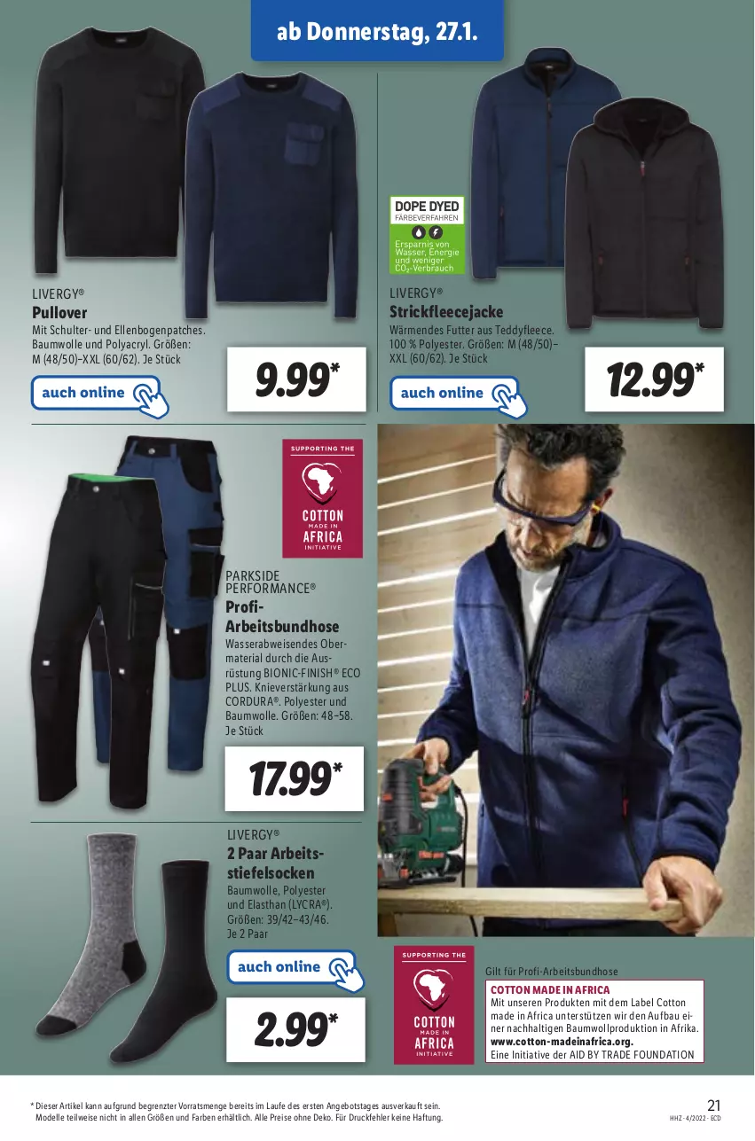 Aktueller Prospekt Lidl - Aktionsprospekt - von 24.01 bis 29.01.2022 - strona 21 - produkty: angebot, Bau, baumwolle, bio, dell, eis, elle, Finish, Fleecejacke, hose, Jacke, livergy, Mode, Parkside, Pullover, reis, Ria, socken, Strickfleecejacke, Ti, wasser, wolle, ZTE