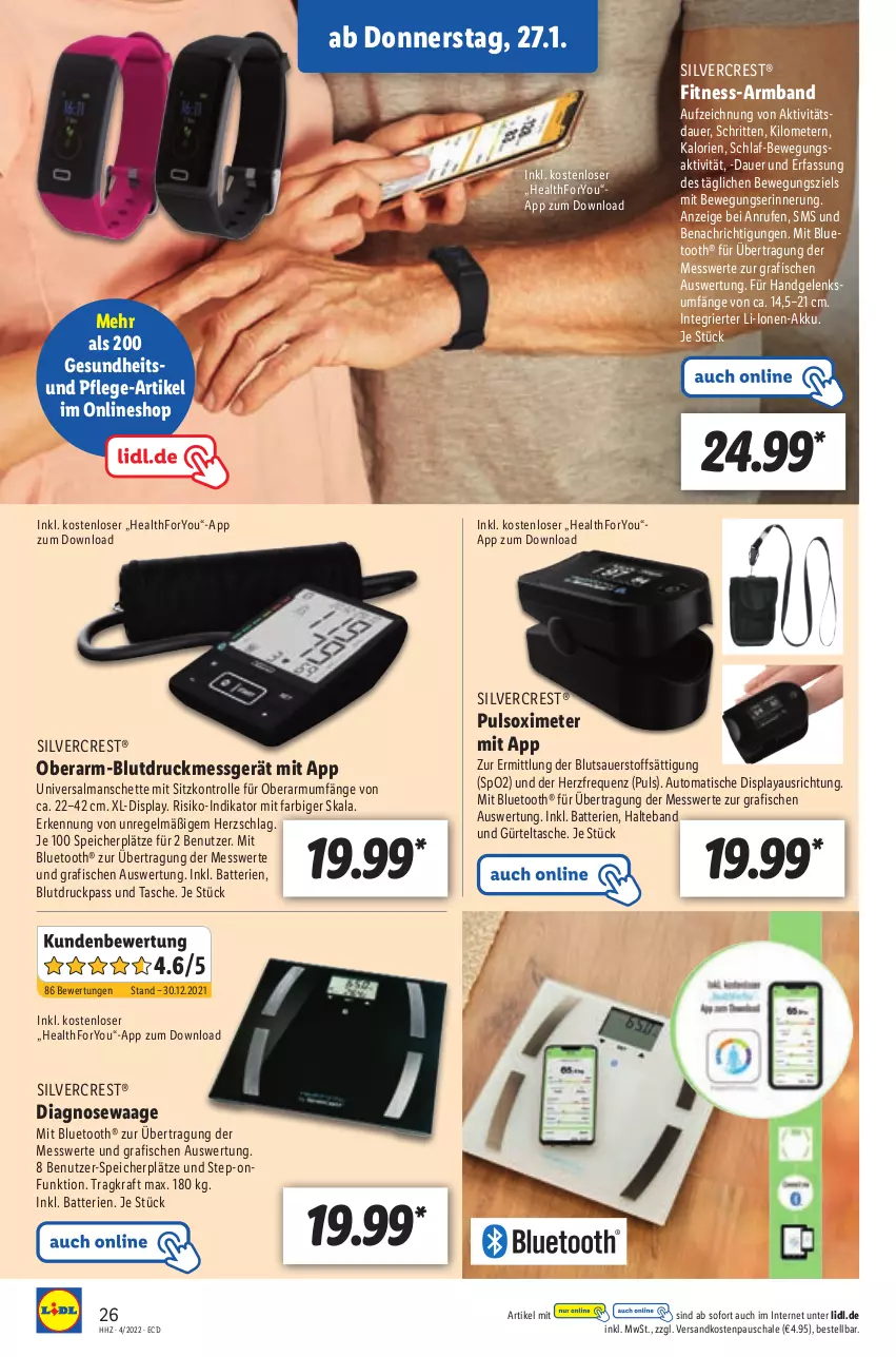 Aktueller Prospekt Lidl - Aktionsprospekt - von 24.01 bis 29.01.2022 - strona 26 - produkty: akku, Armband, auer, auto, batterie, batterien, Blutdruckmessgerät, fisch, fische, Gesundheit, gürteltasche, kraft, ndk, Schal, Schale, silvercrest, Tasche, Ti, tisch, Waage, Yo