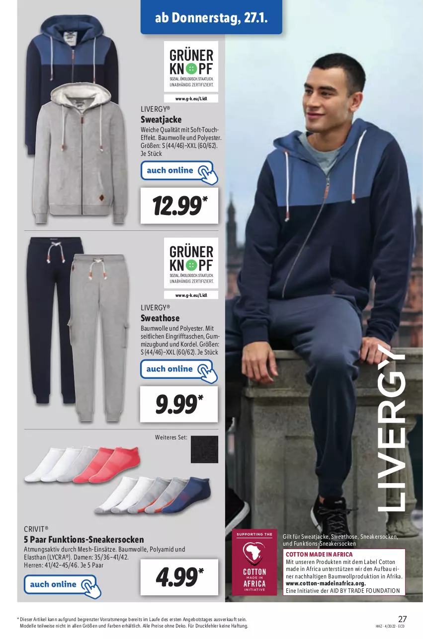 Aktueller Prospekt Lidl - Aktionsprospekt - von 24.01 bis 29.01.2022 - strona 27 - produkty: angebot, Bau, baumwolle, crivit, dell, eis, elle, hose, Jacke, livergy, Mode, reis, sneaker, sneakersocken, socken, Sweathose, sweatjacke, Tasche, taschen, Ti, wolle, ZTE