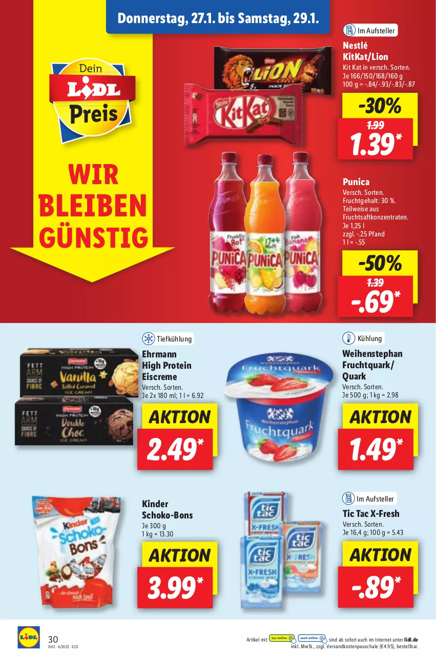 Aktueller Prospekt Lidl - Aktionsprospekt - von 24.01 bis 29.01.2022 - strona 30 - produkty: creme, ehrmann, eis, eiscreme, elle, frucht, Fruchtquark, fruchtsaft, Kinder, Kit Kat, kitkat, lion, ndk, nestlé, punica, quark, saft, Schal, Schale, schoko, schoko-bons, teller, Ti, weihenstephan