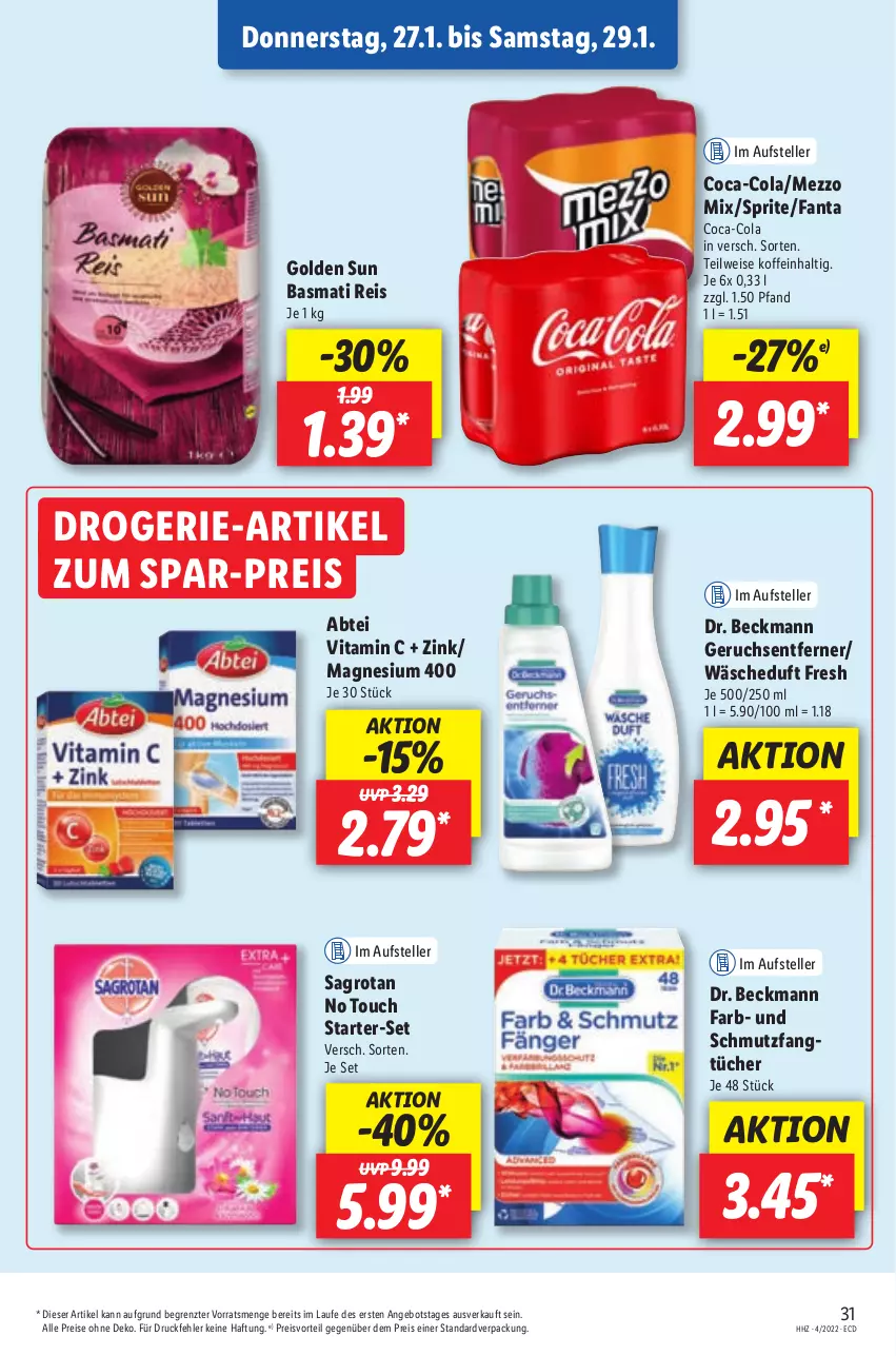 Aktueller Prospekt Lidl - Aktionsprospekt - von 24.01 bis 29.01.2022 - strona 31 - produkty: Abtei, angebot, basmati, Basmati Reis, coca-cola, cola, Dr. Beckmann, drogerie-artikel, eis, elle, Fangtücher, fanta, magnesium, magnesium 400, Mezzo Mix, preisvorteil, reis, sagrotan, sprite, teller, Ti, tücher, vita, Vitamin C, ZTE