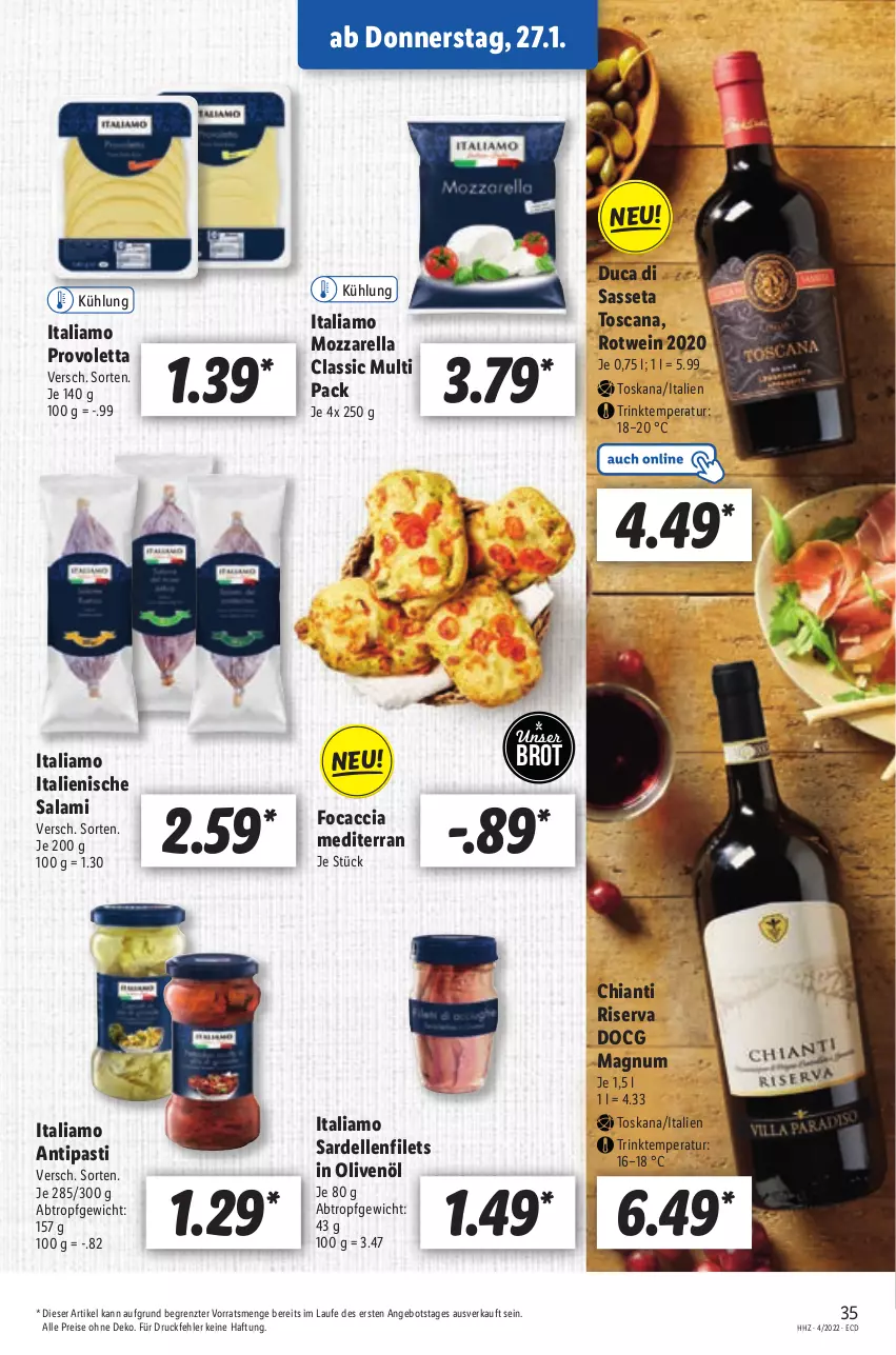 Aktueller Prospekt Lidl - Aktionsprospekt - von 24.01 bis 29.01.2022 - strona 35 - produkty: ACC, angebot, antipasti, asti, brot, chia, chianti, dell, eis, elle, filet, filets, Focaccia, in olivenöl, italiamo, magnum, mozzarella, olive, oliven, olivenöl, reis, rel, riserva, rotwein, salami, Sardellen, Ti, wein, ZTE