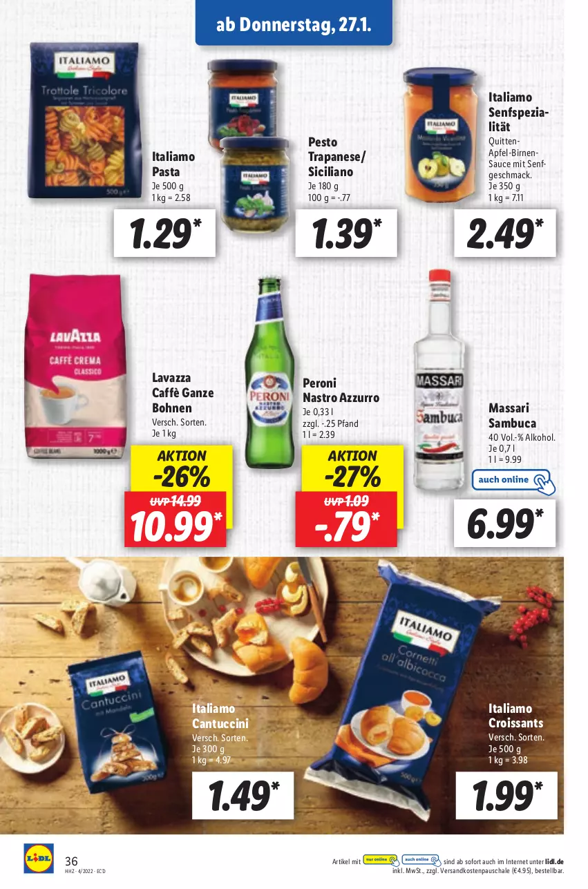 Aktueller Prospekt Lidl - Aktionsprospekt - von 24.01 bis 29.01.2022 - strona 36 - produkty: alkohol, apfel, Birnen, bohne, bohnen, cantuccini, cin, Croissant, croissants, italiamo, lavazza, mac, ndk, pasta, Peroni, pesto, sambuca, sauce, Schal, Schale, senf, Spezi, Ti, tuc