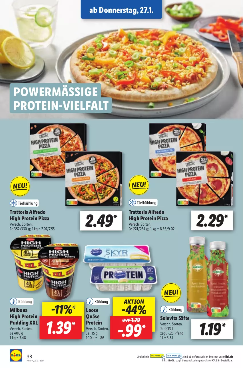 Aktueller Prospekt Lidl - Aktionsprospekt - von 24.01 bis 29.01.2022 - strona 38 - produkty: Bona, Loose, Milbona, ndk, pizza, pudding, quäse, Ria, säfte, Schal, Schale, Ti, vita