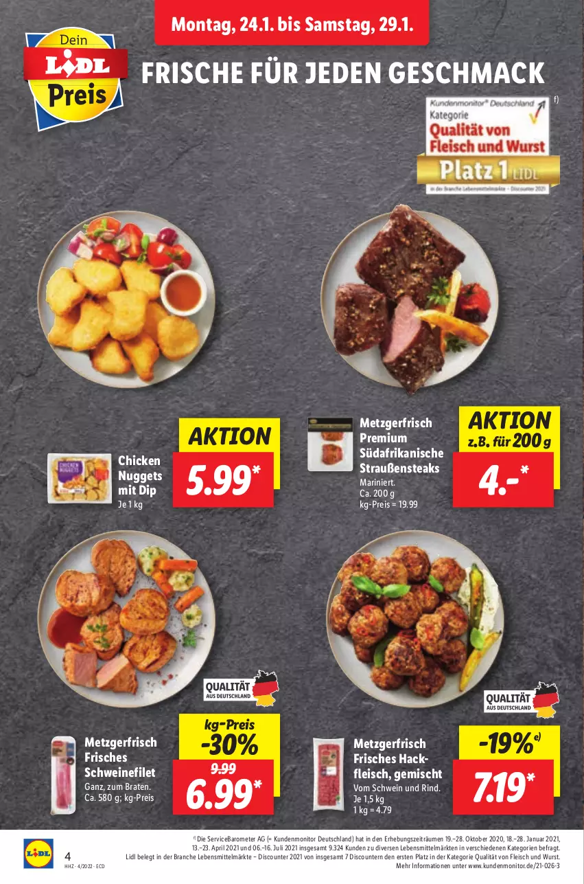 Aktueller Prospekt Lidl - Aktionsprospekt - von 24.01 bis 29.01.2022 - strona 4 - produkty: braten, chicken nuggets, dip, discount, eis, filet, fleisch, hackfleisch, lebensmittel, mac, monitor, nuggets, pril, reis, rind, schwein, schwein und rind, schweine, schweinefilet, steak, steaks, Ti, vom schwein und rind, wein, weine, wurst