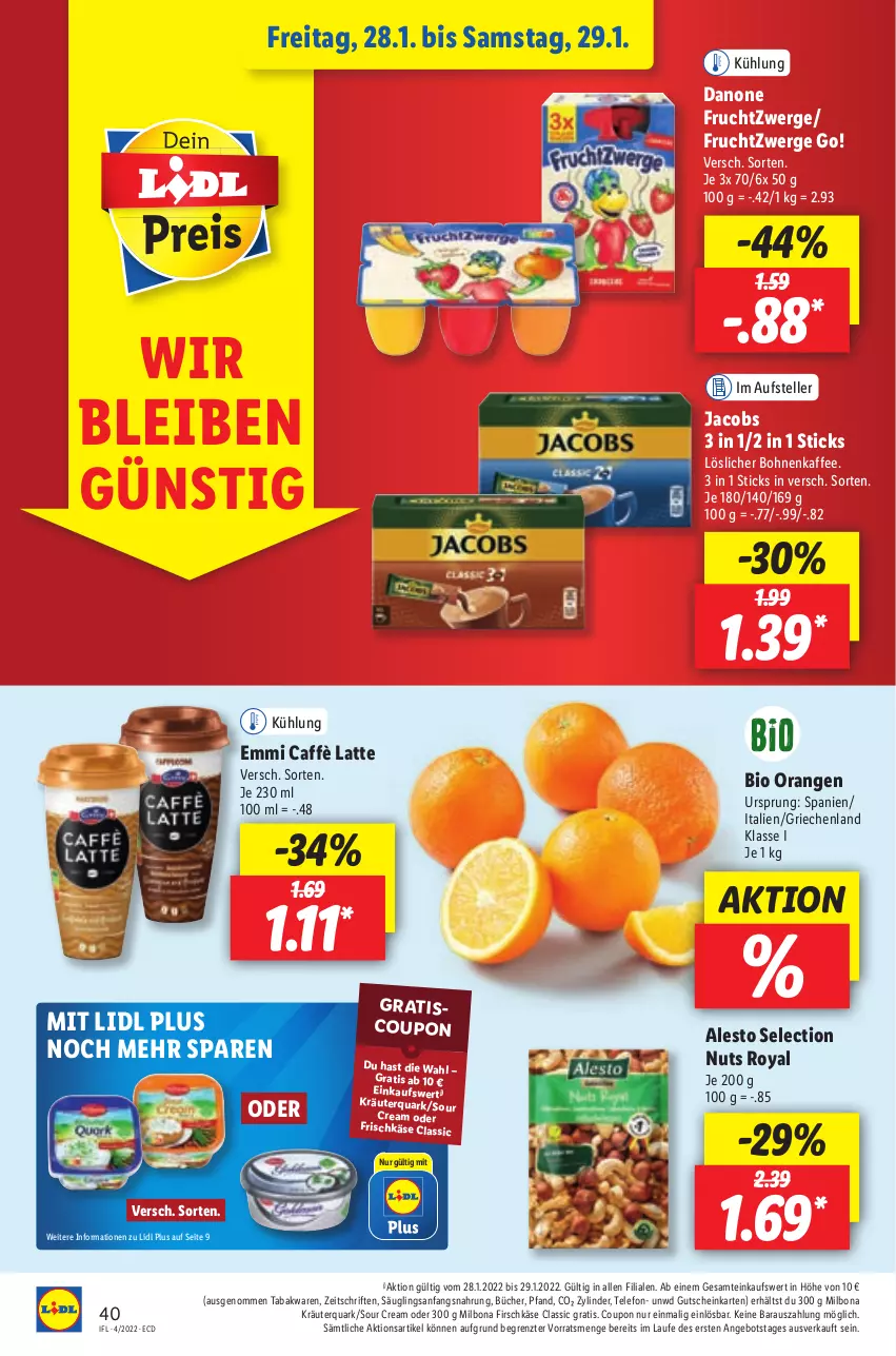 Aktueller Prospekt Lidl - Aktionsprospekt - von 24.01 bis 29.01.2022 - strona 40 - produkty: alesto, angebot, bio, bohne, bohnen, bohnenkaffee, Bona, caffè latte, coupon, danone, danone fruchtzwerge, elle, emmi, frischkäse, frucht, fruchtzwerge, gutschein, jacobs, kaffee, Käse, kräuter, latte, löslicher bohnenkaffee, Milbona, orange, orangen, quark, sour cream, telefon, teller, Ti, ZTE