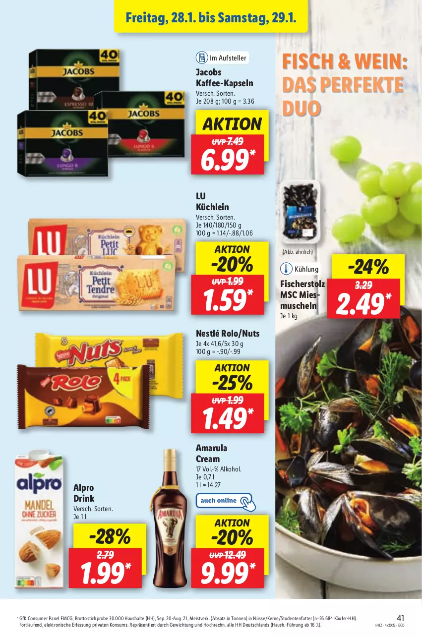 Aktueller Prospekt Lidl - Aktionsprospekt - von 24.01 bis 29.01.2022 - strona 41 - produkty: alkohol, alpro, amarula, brut, drink, eis, Elektro, elle, ente, fisch, fische, Fischer, HP, jacobs, kaffee, Laufen, Muscheln, nestlé, studentenfutter, teller, Ti, wein