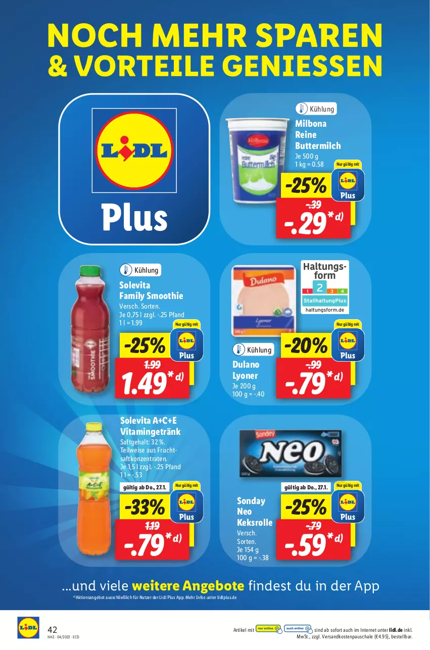 Aktueller Prospekt Lidl - Aktionsprospekt - von 24.01 bis 29.01.2022 - strona 42 - produkty: angebot, angebote, Bona, butter, buttermilch, dulano, eis, frucht, fruchtsaft, getränk, keks, lyoner, Milbona, milch, ndk, reine buttermilch, saft, Schal, Schale, smoothie, Ti, vita, Yo