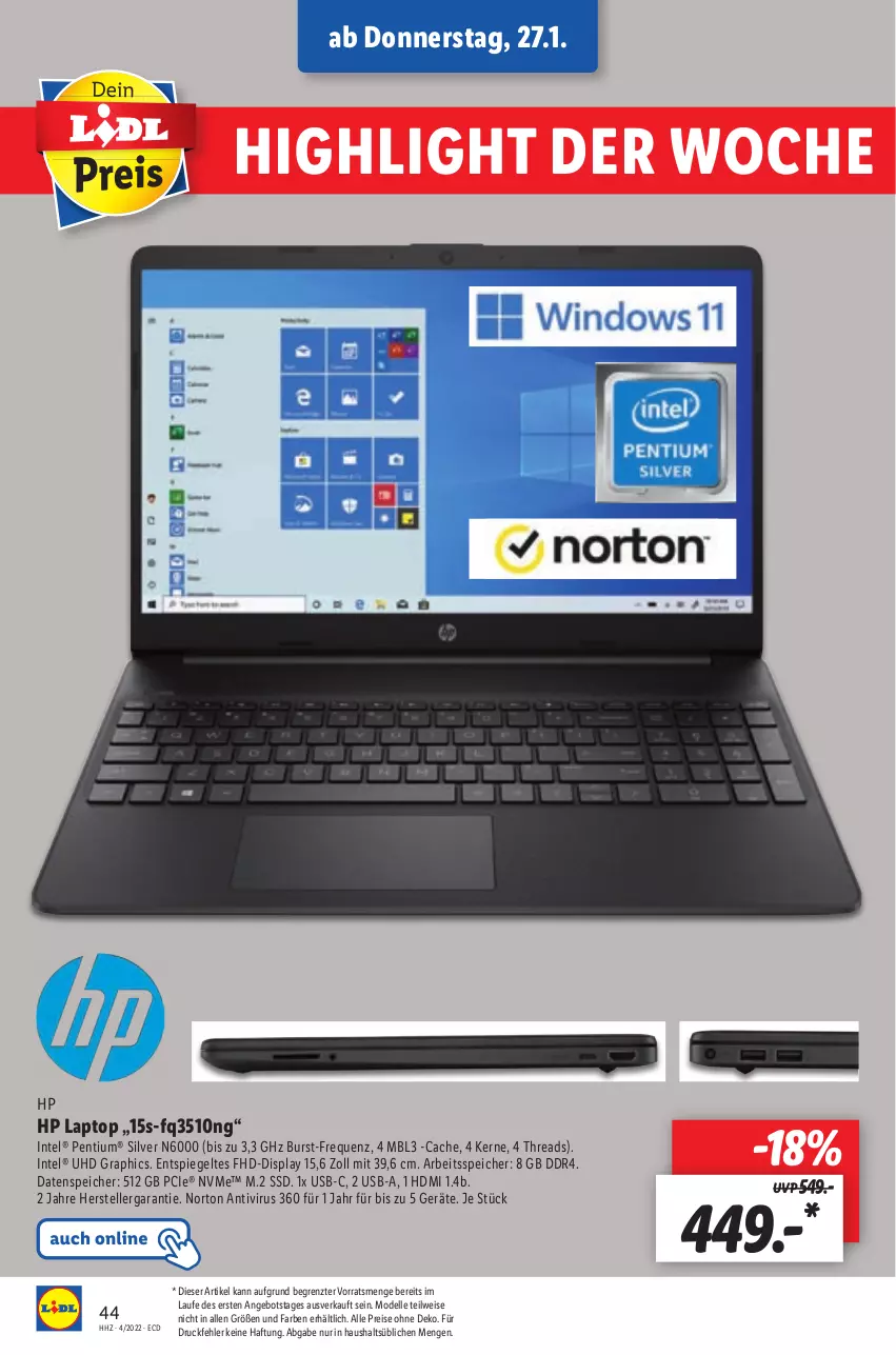 Aktueller Prospekt Lidl - Aktionsprospekt - von 24.01 bis 29.01.2022 - strona 44 - produkty: angebot, dell, eis, elle, HD Graphics, HDMI, HP, Intel, Laptop, Mode, Pentium, reis, spiegel, ssd, teller, Ti, uhd, usb, ZTE