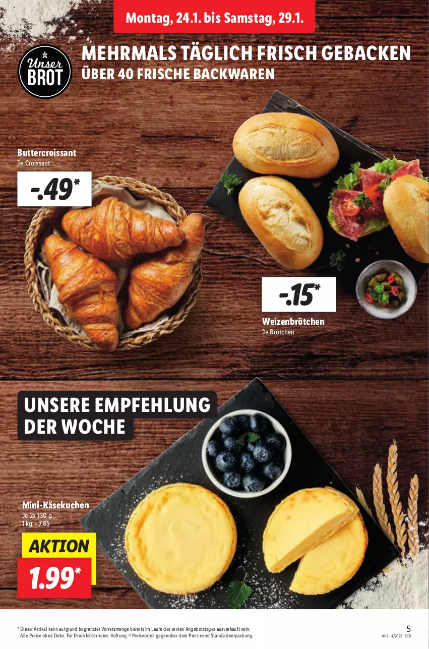 Aktueller Prospekt Lidl - Aktionsprospekt - von 24.01 bis 29.01.2022 - strona 5 - produkty: angebot, backwaren, brot, brötchen, butter, Croissant, eis, frische backwaren, geback, Käse, käsekuchen, kuchen, preisvorteil, reis, Ti, weizenbrötchen, ZTE