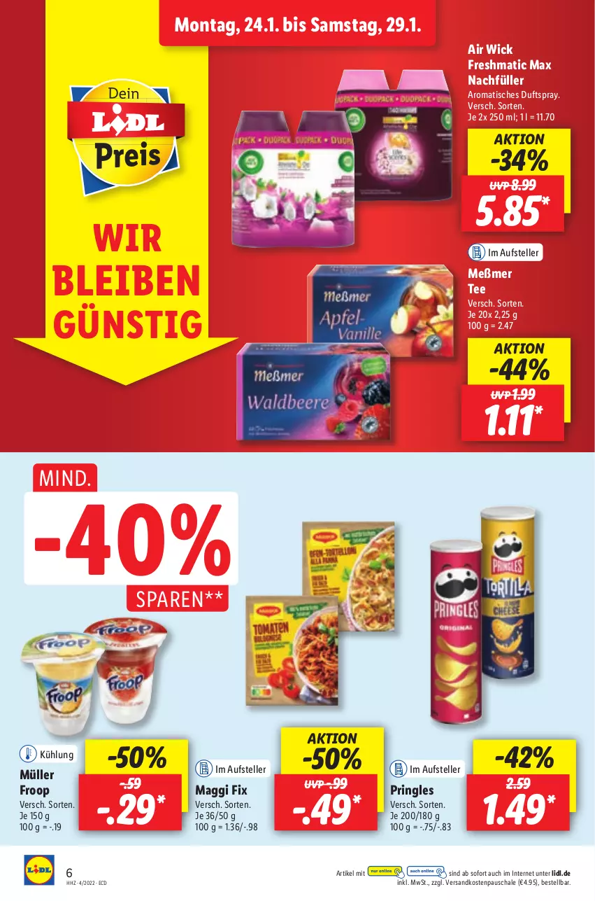 Aktueller Prospekt Lidl - Aktionsprospekt - von 24.01 bis 29.01.2022 - strona 6 - produkty: Air Wick, Duftspray, elle, froop, maggi, maggi fix, Meßmer, Müller, müller froop, ndk, pringles, ring, Schal, Schale, tee, teller, Ti, tisch, WICK