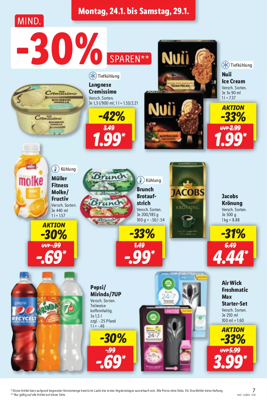 Aktueller Prospekt Lidl - Aktionsprospekt - von 24.01 bis 29.01.2022 - strona 7 - produkty: 7UP, Air Wick, angebot, aufstrich, brot, brotaufstrich, cremissimo, eis, jacobs, jacobs krönung, langnese, langnese cremissimo, Mirinda, Müller, nuii, pepsi, reis, rind, sim, Ti, WICK, ZTE