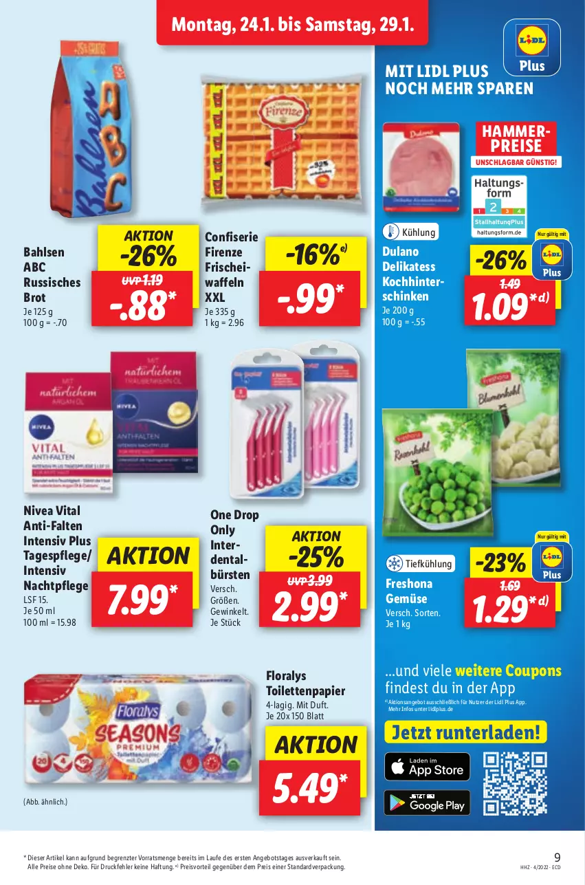 Aktueller Prospekt Lidl - Aktionsprospekt - von 24.01 bis 29.01.2022 - strona 9 - produkty: angebot, bahlsen, brot, bürste, bürsten, coupon, coupons, dulano, eis, erde, Floralys, hinterschinken, nachtpflege, nivea, papier, preisvorteil, reis, schinken, Tagespflege, Ti, toilettenpapier, vita, waffeln, ZTE