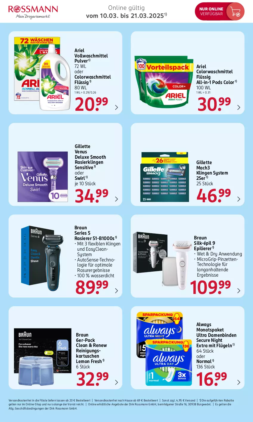 Aktueller Prospekt Rossmann - Prospekte - von 17.03 bis 28.03.2025 - strona 8 - produkty: Alwa, Always, angebot, angebote, ariel, auto, binden, braun, colorwaschmittel, Damenbinden, ente, epilierer, gillette, gillette venus, LG, mac, mach3, ndk, Pinzette, Pods, rasierer, Rasierklinge, rasierklingen, Reinigung, swirl, Ti, venus, versandkostenfrei, vollwaschmittel, waschmittel, wasser, wedel