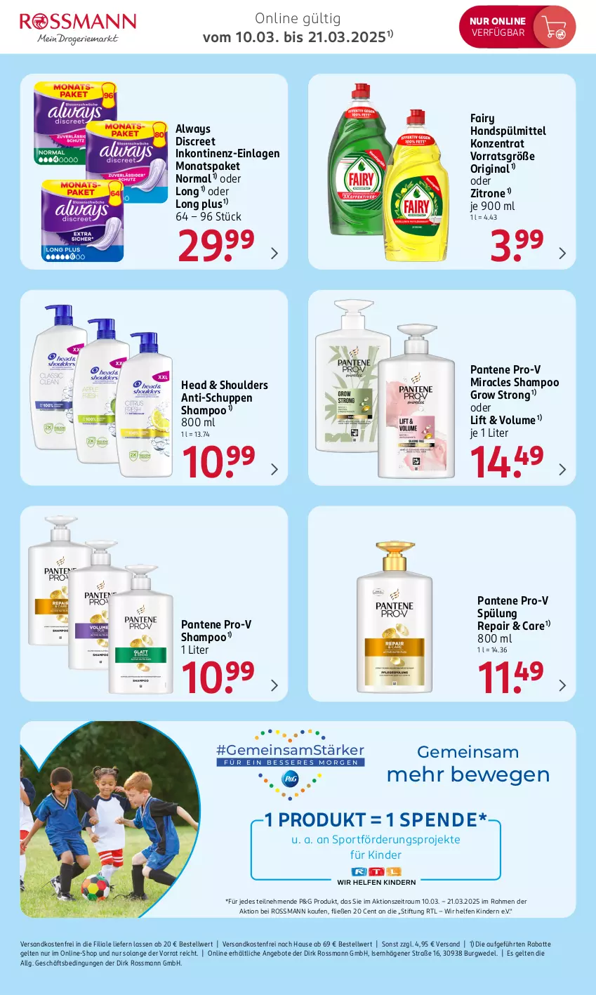 Aktueller Prospekt Rossmann - Prospekte - von 17.03 bis 28.03.2025 - strona 9 - produkty: Alwa, Always, angebot, angebote, Discreet, fairy, gin, Kinder, LG, ndk, pantene, pantene pro-v, pro-v, shampoo, Sport, spülmittel, spülung, Ti, versandkostenfrei, wedel, zitrone