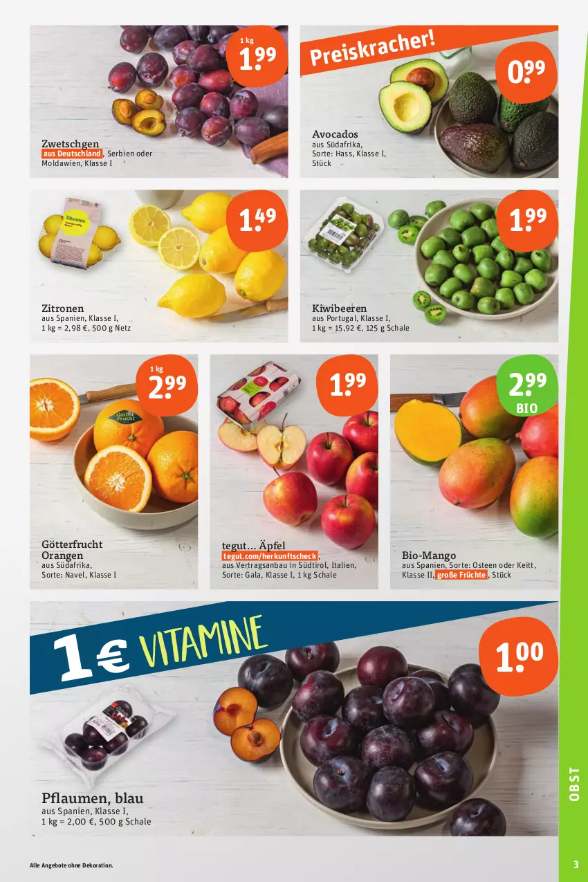 Aktueller Prospekt Tegut - Angebote der Woche - von 23.09.2023 bis 16.09.2024 - strona 3 - produkty: angebot, angebote, avocado, avocados, Bau, beere, beeren, bio, dekoration, eis, frucht, früchte, kiwi, mango, orange, orangen, pflaume, pflaumen, reis, Schal, Schale, tee, Ti, zitrone, zitronen