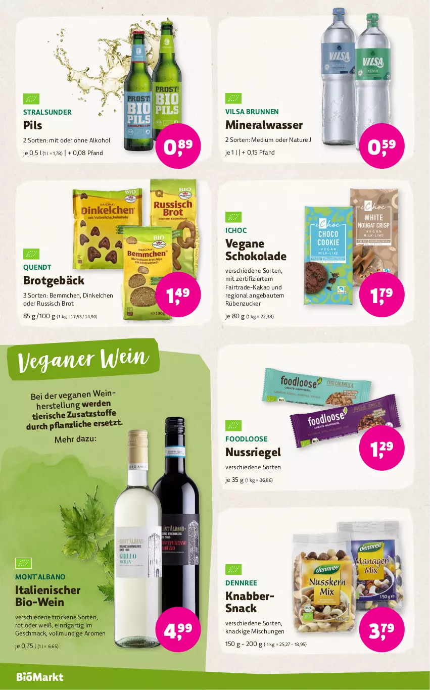 Aktueller Prospekt Denns Biomarkt - von 17.01 bis 30.01.2024 - strona 10 - produkty: alkohol, Alwa, Bau, bio, Bio-Wein, brot, brunnen, dennree, erde, kakao, KnabberSnack, Loose, mac, mineralwasser, natur, nuss, nussriegel, ohne alkohol, pils, rel, riegel, russisch brot, schoko, schokolade, snack, Ti, vilsa, wasser, wein, zucker