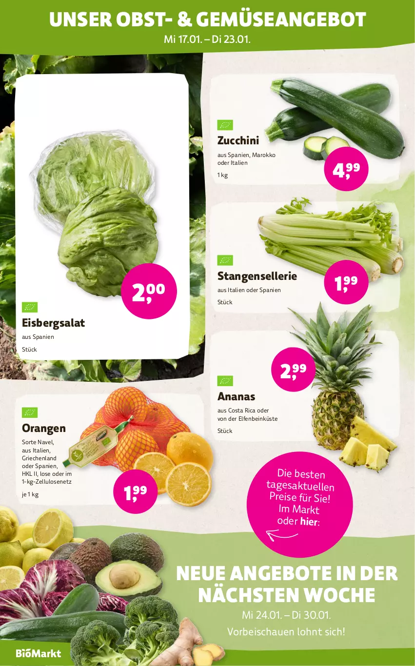 Aktueller Prospekt Denns Biomarkt - von 17.01 bis 30.01.2024 - strona 2 - produkty: ananas, angebot, angebote, eis, eisbergsalat, elle, obst, orange, orangen, reis, salat, Stangensellerie, zucchini