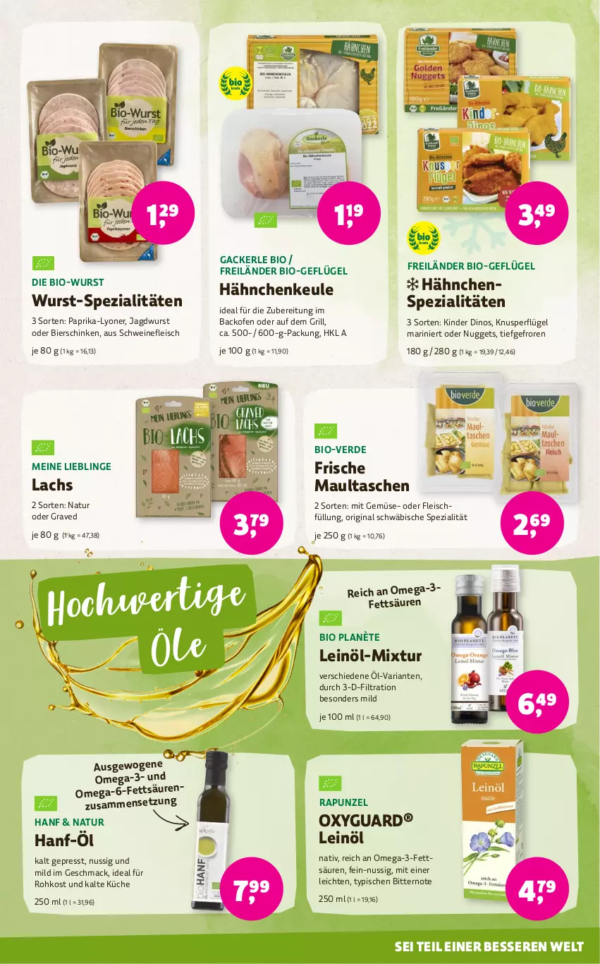 Aktueller Prospekt Denns Biomarkt - von 17.01 bis 30.01.2024 - strona 7 - produkty: backofen, bier, bierschinken, bio, eis, erde, fleisch, Geflügel, gin, grill, jagdwurst, Kinder, küche, lachs, leinöl, lyoner, mac, maultaschen, mit gemüse, natur, nuggets, nuss, Ofen, omega, Omega-3, paprika, Ria, schinken, schwein, schweine, schweinefleisch, Spezi, Tasche, taschen, Ti, wein, weine, wurst, Yo