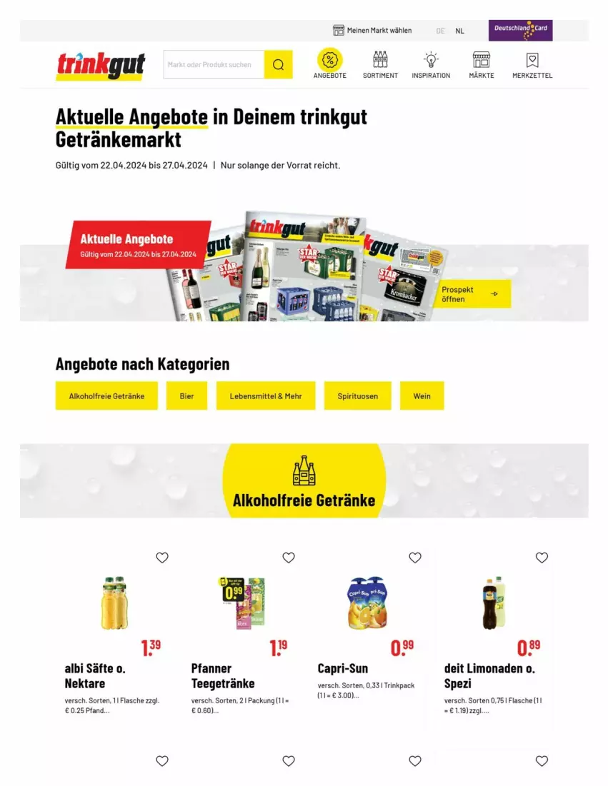 Aktueller Prospekt Trinkgut - Prospekte - von 23.04 bis 27.04.2024 - strona 1 - produkty: angebot, angebote, Cap, capri-sun, deit, elle, flasche, getränk, getränke, limo, limonade, limonaden, Nektar, pfanne, Pfanner, säfte, Spezi, tee, Ti