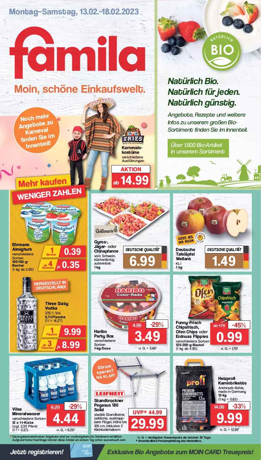 Aktueller Prospekt Famila - Prospekte - von 13.02 bis 18.02.2023 - strona 1 - produkty: almighur, almighurt, Alwa, angebot, angebote, asus, Becher, beutel, bio, briketts, chips, chipsfrisch, ehrmann, ehrmann almighurt, eis, elle, ente, erdnuss, flasche, flippies, funny-frisch, Germ, gyros, haribo, Kamin, küche, Küchen, mineralwasser, nuss, Ofen, pfanne, reis, rezept, rezepte, schwein, tafeläpfel, teller, Three Sixty, Ti, Trockner, vilsa, vodka, wasser, wein, Wella, ZTE