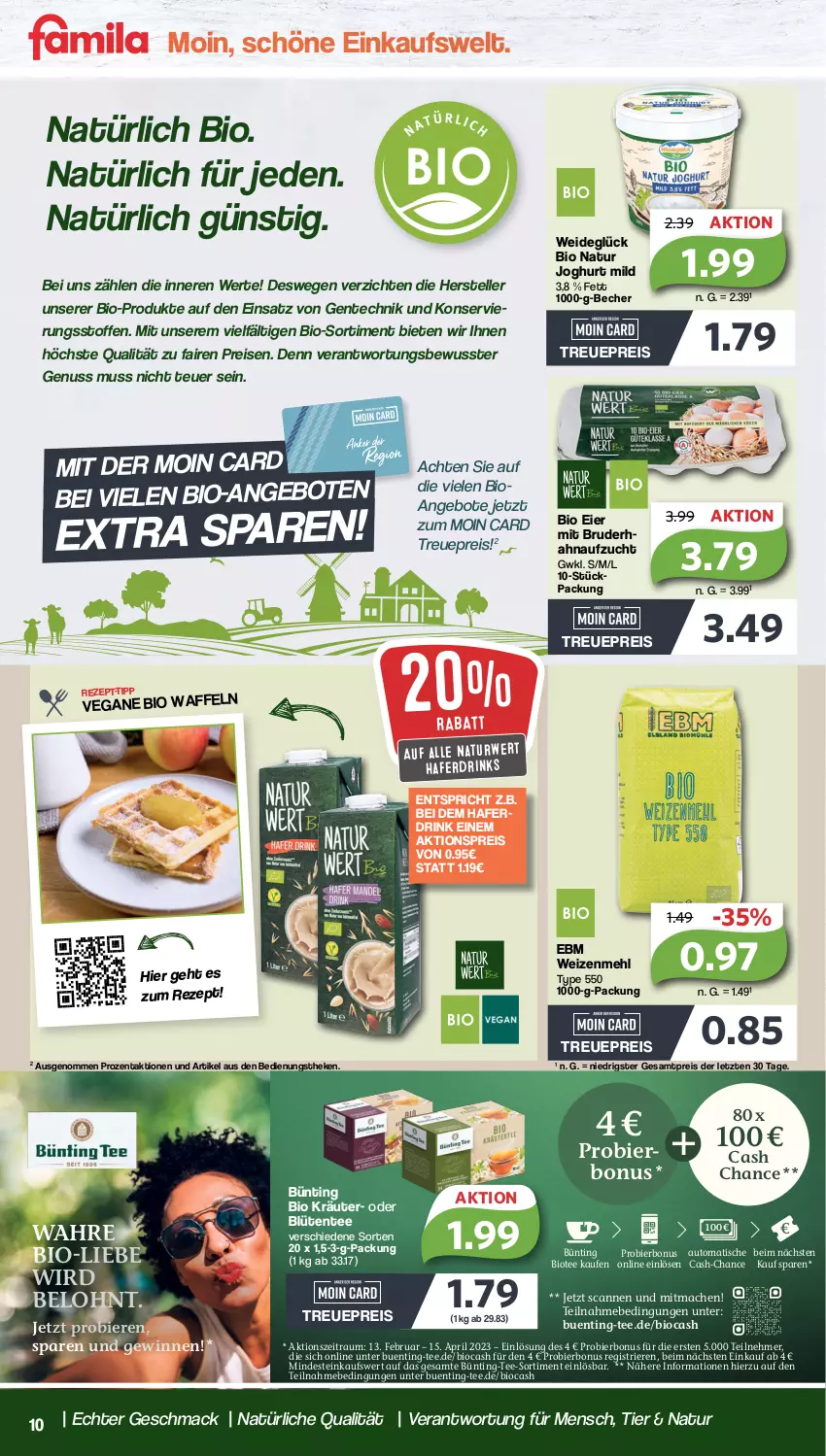 Aktueller Prospekt Famila - Prospekte - von 13.02 bis 18.02.2023 - strona 10 - produkty: aktionspreis, angebot, angebote, auto, Becher, bier, Biere, bio, Blüte, drink, drinks, eier, eis, elle, ente, hafer, Haferdrink, joghur, joghurt, joghurt mild, kräuter, mac, mehl, natur, nuss, pril, reis, rezept, rezept-tipp, rwe, tee, teller, Ti, tisch, waffeln, weizenmehl, ZTE