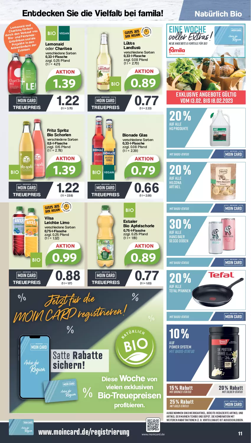 Aktueller Prospekt Famila - Prospekte - von 13.02 bis 18.02.2023 - strona 11 - produkty: angebot, angebote, apfel, Apfelschorle, bio, bionade, decke, ecco, eis, Extaler, flasche, fritz, hilcona, limo, pfanne, pfannen, reis, schorle, Tchibo, tefal, Ti, Tiere, vilsa