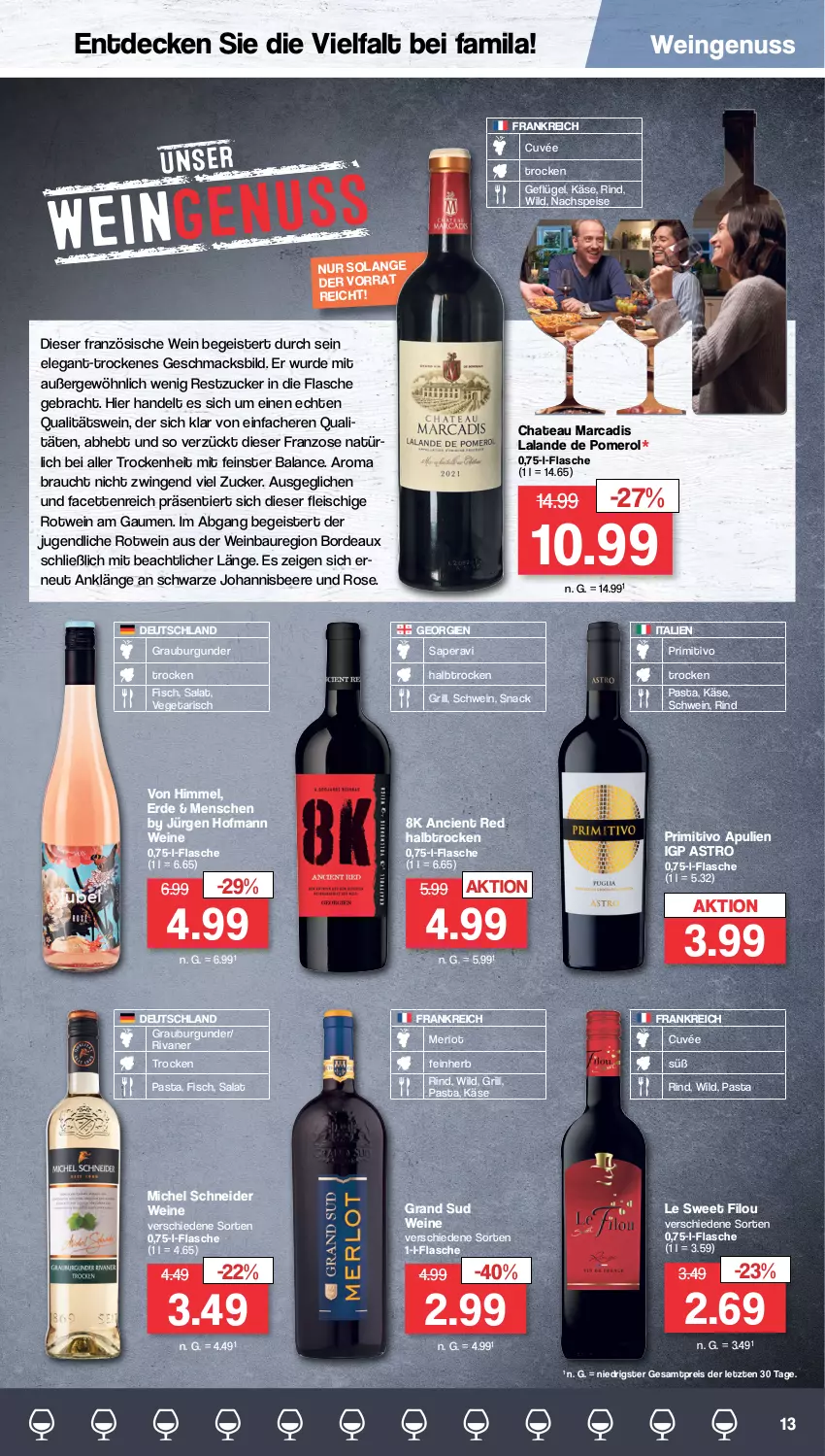 Aktueller Prospekt Famila - Prospekte - von 13.02 bis 18.02.2023 - strona 13 - produkty: Bau, beere, burgunder, chateau, Cien, cuvée, decke, eis, erde, fisch, flasche, fleisch, Geflügel, grand sud, grauburgunder, grill, johannisbeere, Käse, mac, merl, merlot, Michel Schneider, nuss, pasta, primitivo, qualitätswein, Rauch, reis, rind, Rivaner, rotwein, rum, salat, schwein, snack, Ti, Vegeta, wein, weine, Wild, ZTE, zucker