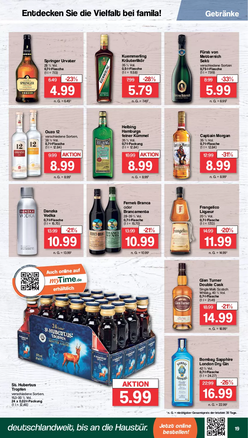 Aktueller Prospekt Famila - Prospekte - von 13.02 bis 18.02.2023 - strona 19 - produkty: aust, bombay sapphire, Cap, captain morgan, decke, dry gin, eis, elle, Fernet, fernet branca, flasche, frangelico, fürst von metternich, getränk, getränke, gin, kräuter, kräuterlikör, kuemmerling, likör, liqueur, london dry, london dry gin, merl, Mett, metternich, ouzo, ouzo 12, reis, ring, sapphire, scotch, scotch whisky, sekt, single malt, Ti, urvater, vodka, whisky, ZTE