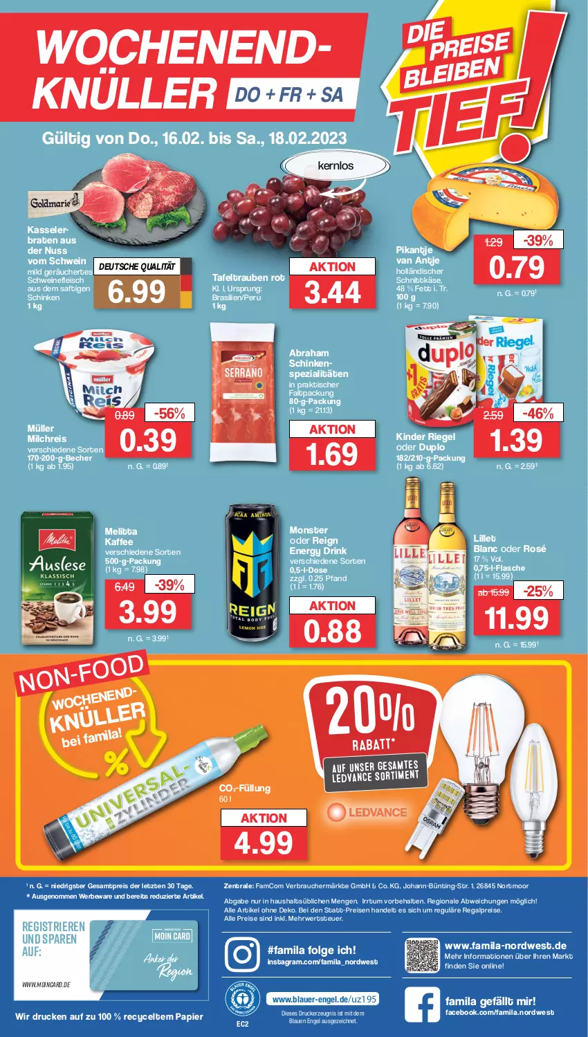 Aktueller Prospekt Famila - Prospekte - von 13.02 bis 18.02.2023 - strona 28 - produkty: auer, Becher, braten, drink, drucker, duplo, eis, energy drink, Engel, flasche, fleisch, holländischer schnittkäse, kaffee, Käse, kasseler, kerze, Kinder, kinder riegel, LG, lillet, melitta, milch, milchreis, monster, Müller, ndk, nuss, papier, Rauch, regal, reis, riegel, rwe, saft, schinken, schnittkäse, schwein, schweine, schweinefleisch, Spezi, tafeltrauben, Ti, tisch, trauben, wein, weine, ZTE