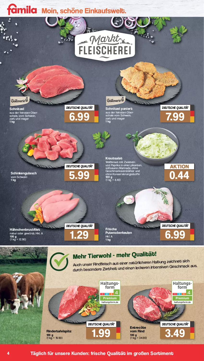 Aktueller Prospekt Famila - Prospekte - von 13.02 bis 18.02.2023 - strona 4 - produkty: brustfilet, eis, entrecôte, filet, fleisch, gewürz, gulasch, hähnchenbrust, hähnchenbrustfilet, Kraut, krautsalat, mac, marinade, mit zwiebeln, natur, paprika, pute, Putenoberkeule, rind, rinder, rindfleisch, salat, Schal, Schale, schinken, schnitzel, schwein, tafelspitz, Ti, wein, zwiebel, zwiebeln