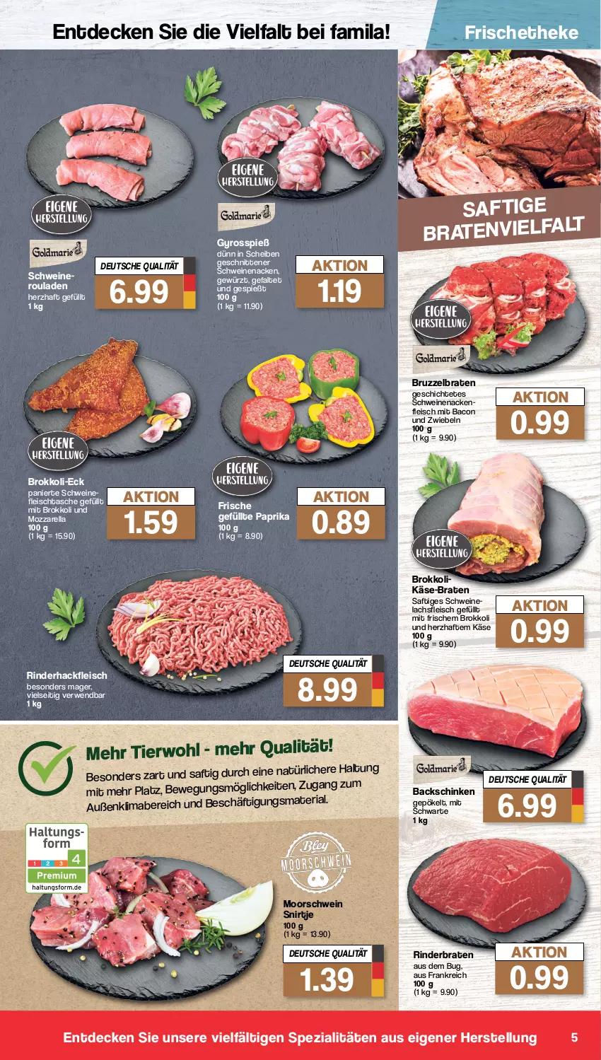 Aktueller Prospekt Famila - Prospekte - von 13.02 bis 18.02.2023 - strona 5 - produkty: bacon, braten, brokkoli, decke, eis, fleisch, gewürz, gyros, hackfleisch, Käse, lachs, mab, mozzarella, paprika, rel, Ria, rind, rinder, rinderbraten, rinderhackfleisch, rouladen, rwe, saft, schinken, schnitten, schwein, schweine, schweinenacken, Spezi, Tasche, Ti, wein, weine, zwiebel, zwiebeln