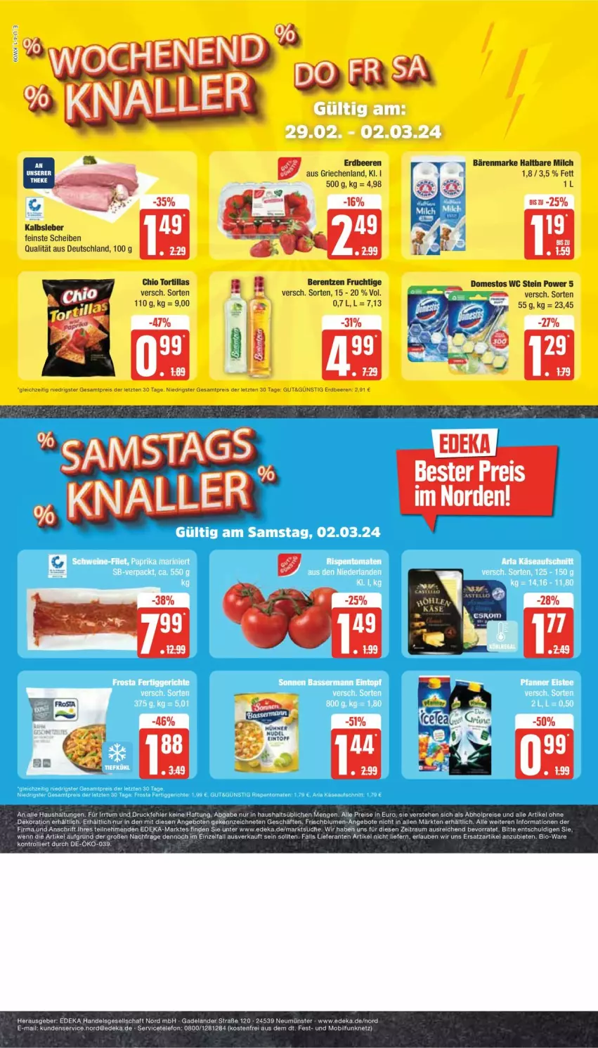 Aktueller Prospekt Edeka - Prospekte - von 26.02 bis 02.03.2024 - strona 4 - produkty: abholpreise, alle artikel ohne dekoration, angebot, angebote, bärenmarke, beere, beeren, berentzen, bio, blume, blumen, deka, dekoration, domestos, eis, Elan, erdbeere, erdbeeren, frucht, haltbare milch, Kalbsleber, Käse, milch, reis, rel, telefon, Ti, tortilla, tortillas