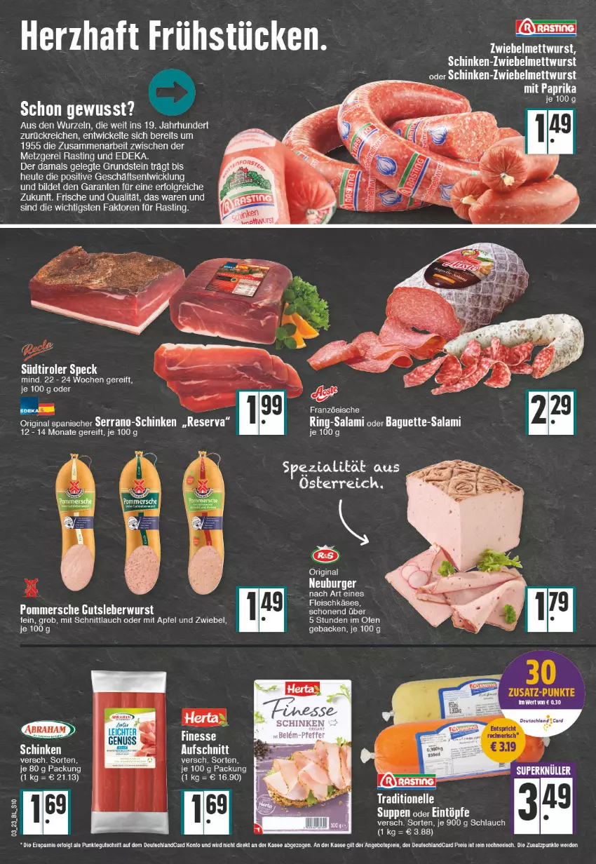 Aktueller Prospekt Edeka - Angebote der Woche - von 16.01 bis 21.01.2023 - strona 10 - produkty: apfel, asti, baguette, Baguette-Salami, burger, deka, eis, ente, fleisch, fleischkäse, geback, gin, Heu, Käse, LG, Mett, mettwurst, Neuburger, Ofen, ring, salami, schinken, schlauch, schnittlauch, Speck, südtiroler, tee, Ti, WICK, wurst, zwiebel, zwiebelmettwurst