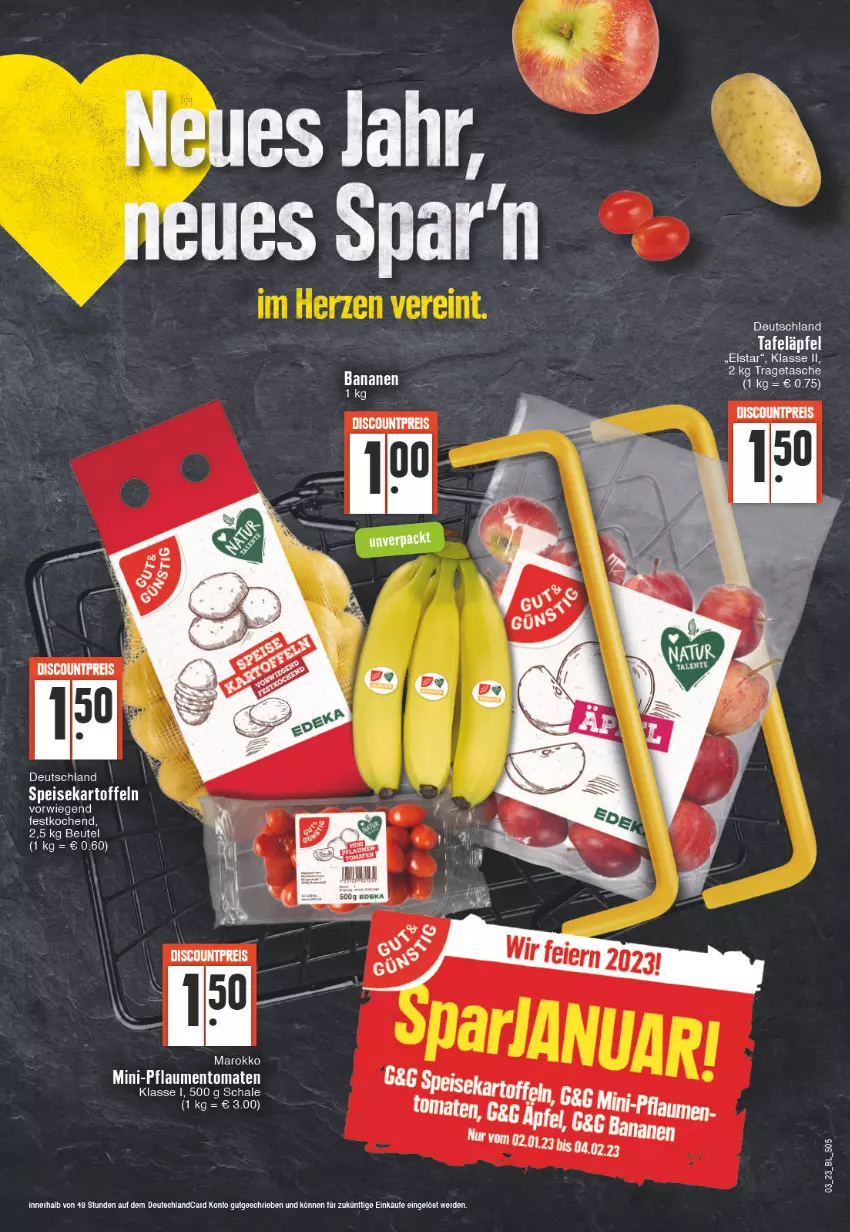 Aktueller Prospekt Edeka - Angebote der Woche - von 16.01 bis 21.01.2023 - strona 5 - produkty: beutel, discount, eis, erde, kartoffel, kartoffeln, monte, pflaume, pflaumen, reis, Schal, Schale, speisekartoffeln, tafeläpfel, Tasche, Ti, tomate, tomaten, tragetasche