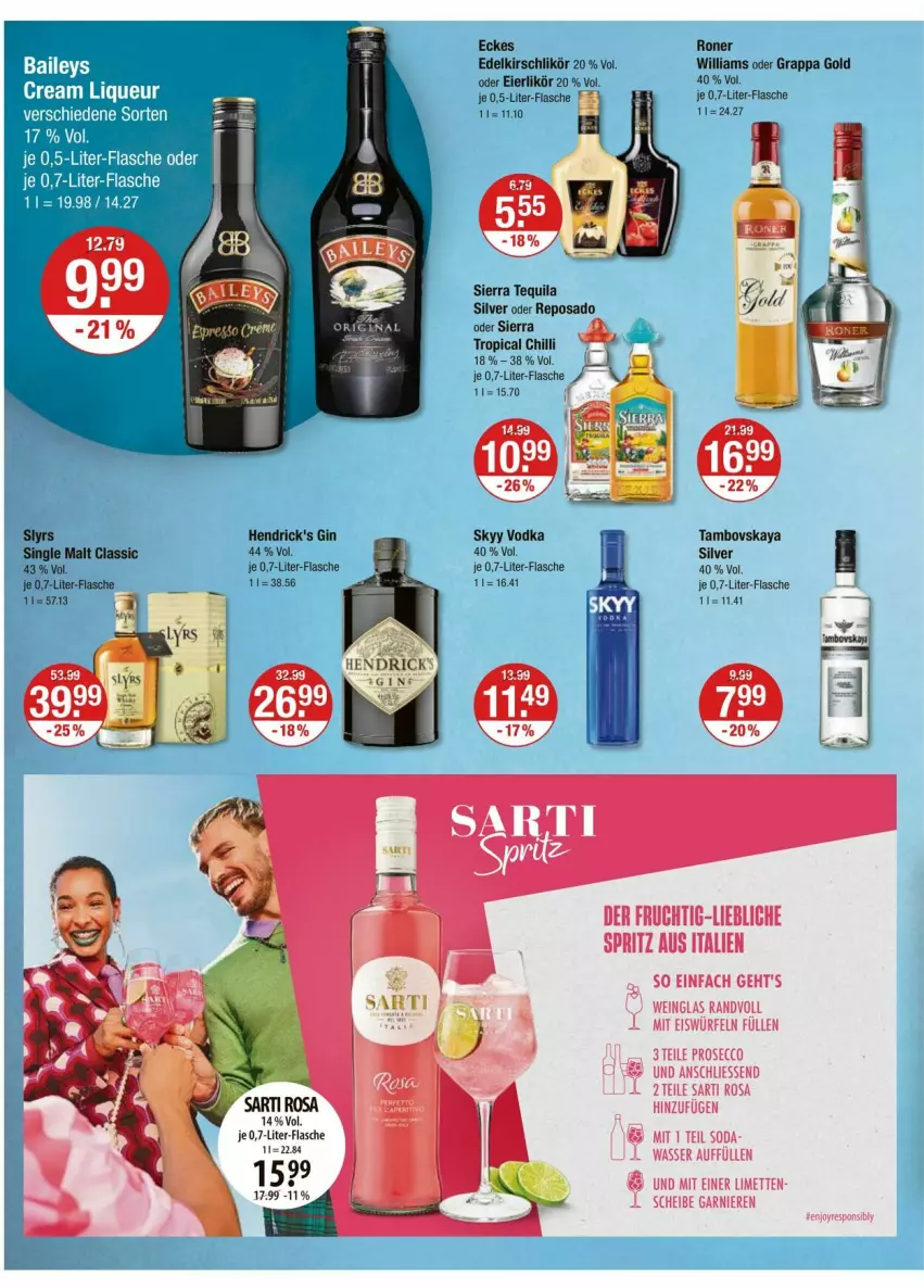 Aktueller Prospekt Vmarkt - Prospekte - von 28.03 bis 03.04.2024 - strona 10 - produkty: ecco, eier, eierlikör, eis, eiswürfel, flasche, frucht, garnier, gin, grappa, Hendrick's Gin, kirsch, Kirschlikör, likör, limette, limetten, Mett, metten, prosecco, Sierra, sierra tequila, single malt, skyy, Skyy Vodka, Soda, tequila, Ti, vodka, wasser, wein, würfel